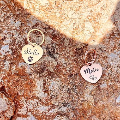 Herz Hundemarke mit Gravur | Personalisiert mit Name, Telefonnummer, Adresse, Wunschtext | 25 mm Rosegold, Gold Edelstahl Dog Tag, Namens-Anhänger für Hunde-Halsband