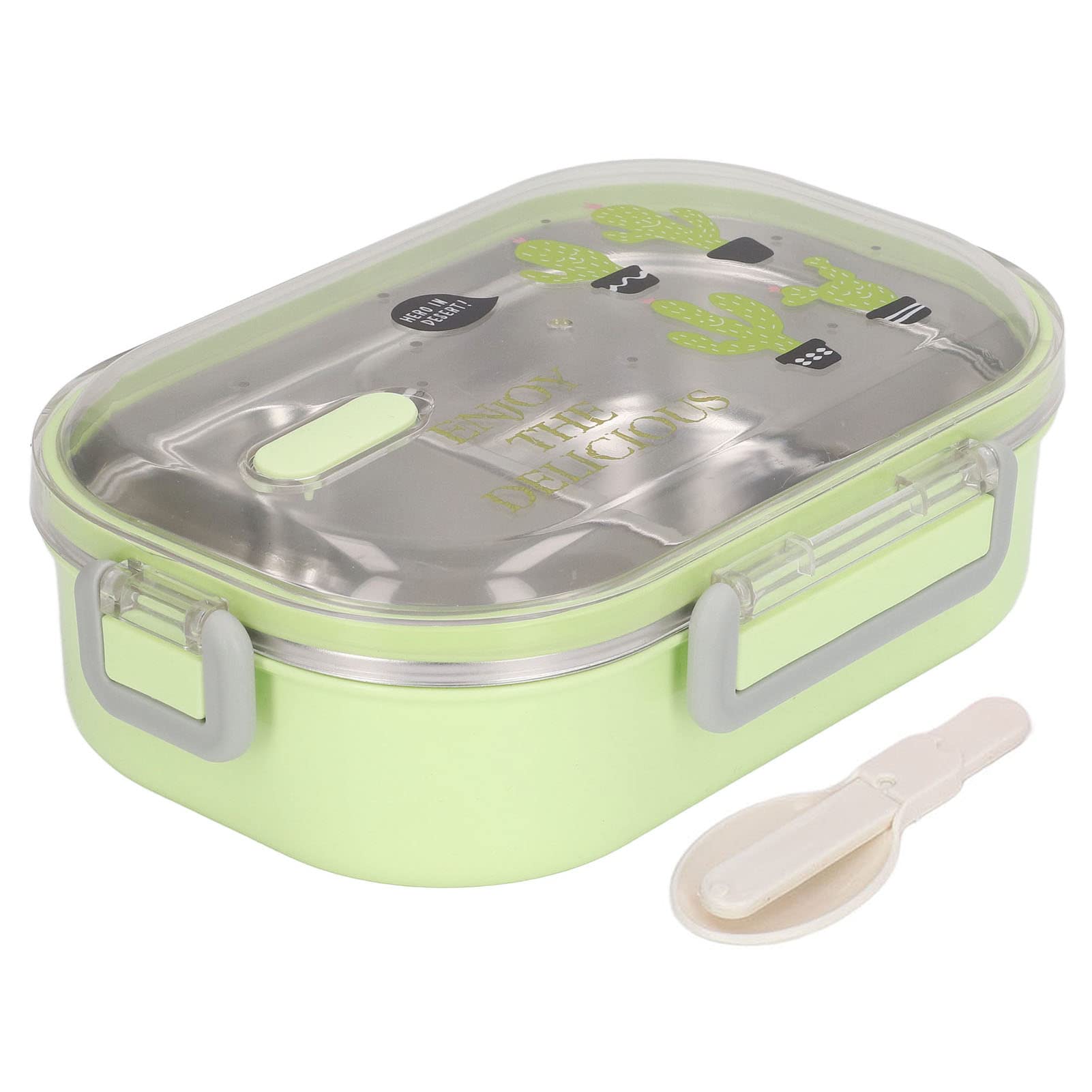 TOPINCN 304 Stainless Steel Lunch Box Compartment Liner Thermal Insulation Lunch Box Illustration Style Proof Container for Student Children Transparent Green Cactus - Image 2