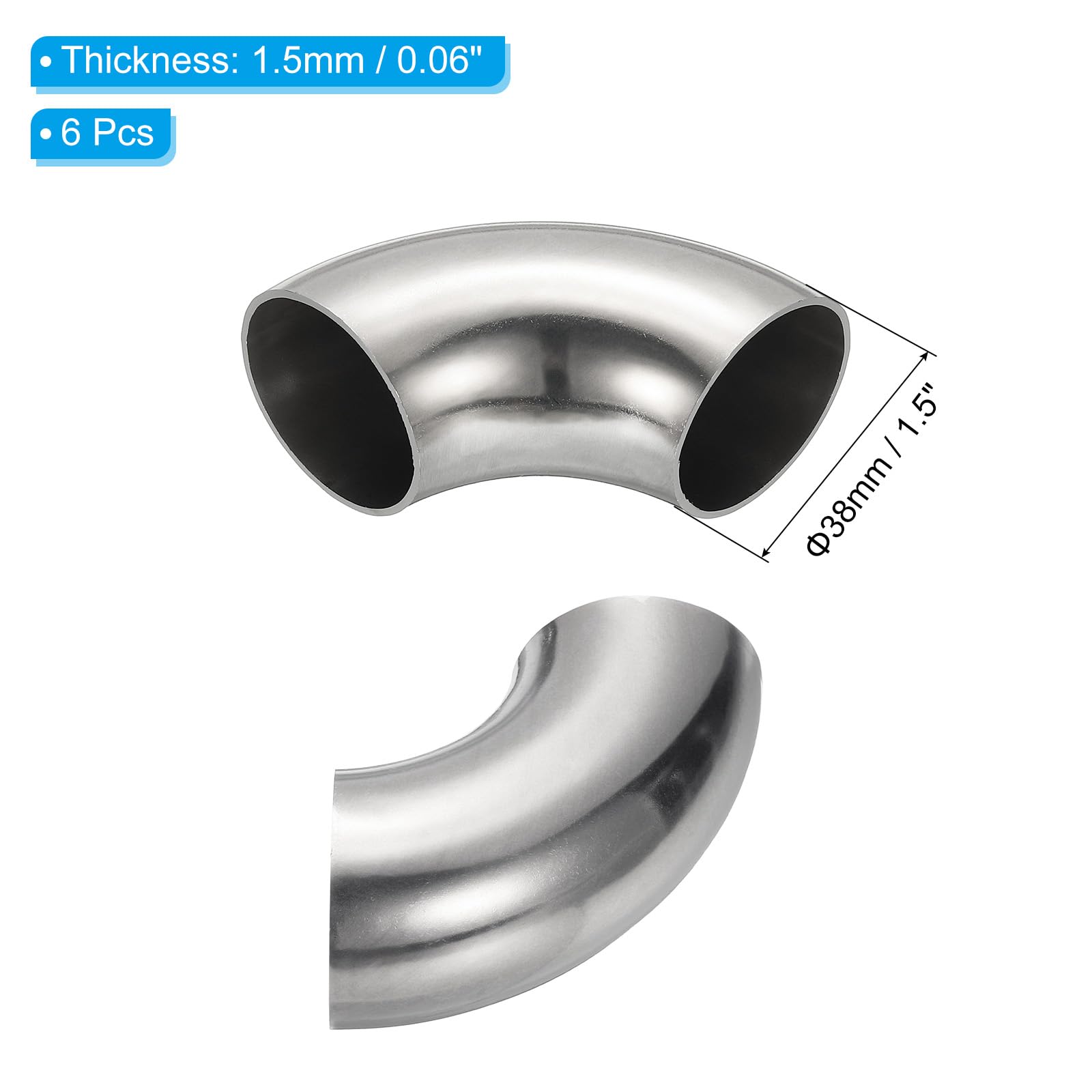 PATIKIL 6pcs Coude À 90 Degrés Mandriné, 38mm OD Coude En Acier Pour Échappement Raccord De Tuyauterie D'échappement 304 Acier Inoxydable pour Exhaust Pipe Stair Handrail HVAC