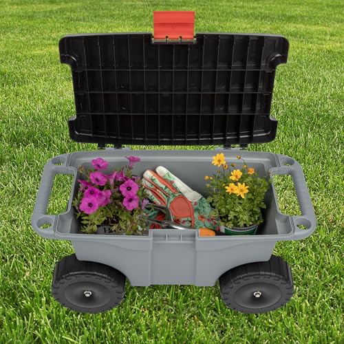 Image of Pure Garden Rolling Garden Cart with Seat - Plastic Storage with Bench and Interior Tool Tray - Gardening Stool for Weeding and Planting (Gray)