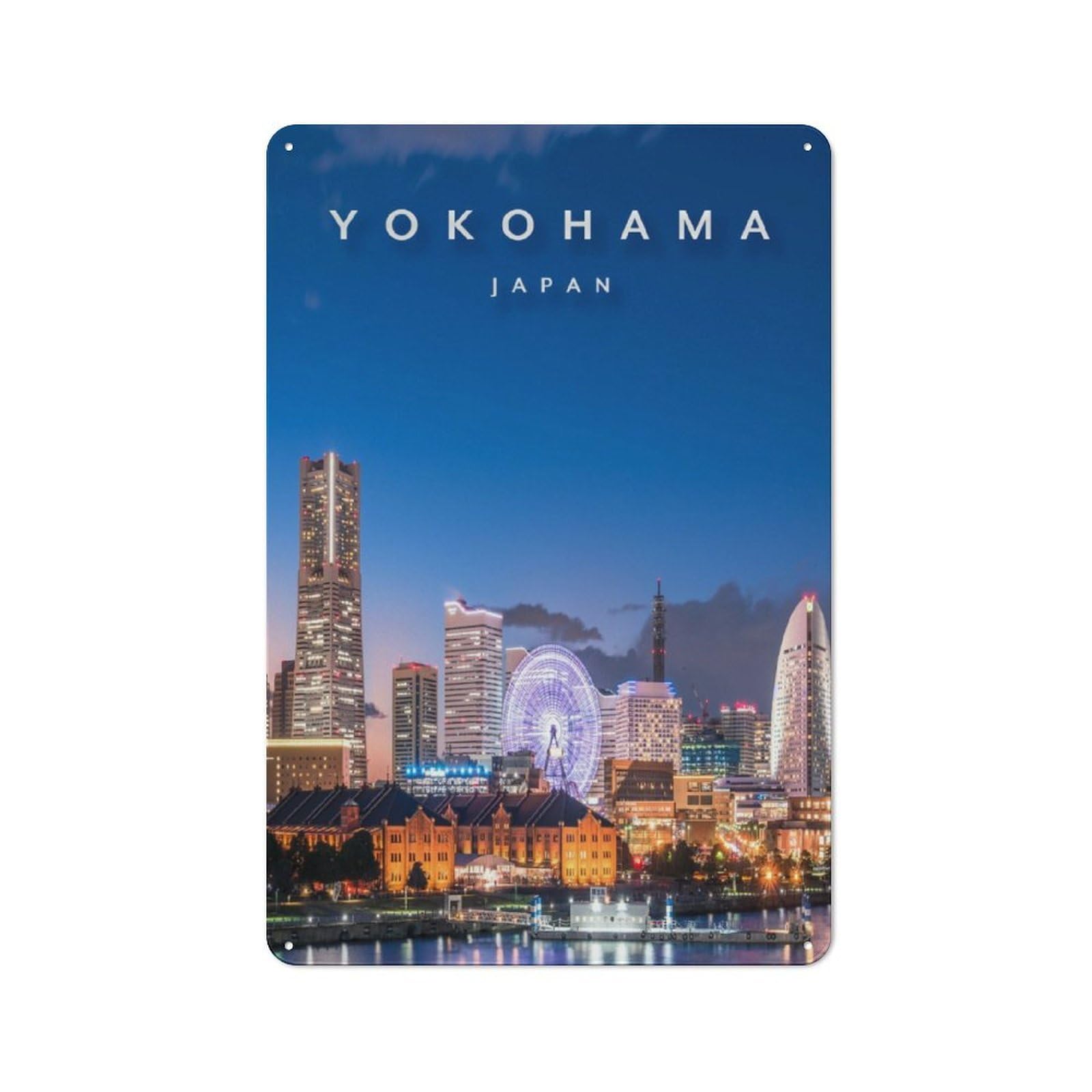 Junmoney Yokohama Skyline Vintage Tin Sign With Design 30X20cm, Vintage Cafe Wall Decor For Coffee Bar, Kitchen, Bistro Or Tea Corner
