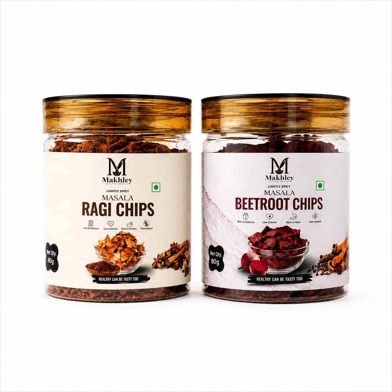 makhley masala ragi & beetroot chips combo, 80g each | lightly spicy, plant based, 2 jars variety pack, low calorie, crunchy snack