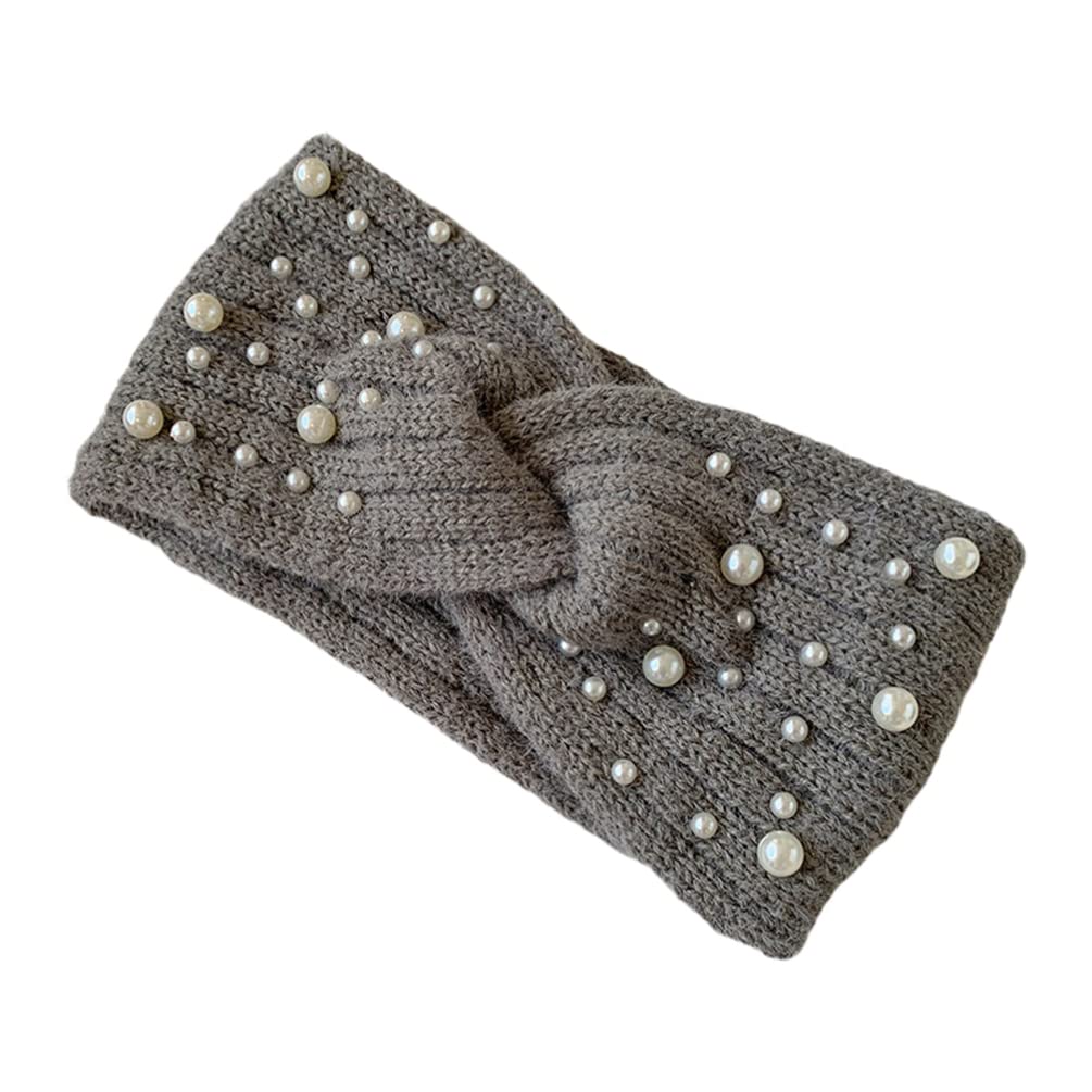 VALICLUD Grey Knitted Headband for Women, Warm Pearl Ear Warmer, Cozy Fleece Hair Band for Ice Skating, Running, Skiing, Outdoor Activities, Stylish Elastic Design, 8.66 X 4.33 X 0.78 Inches