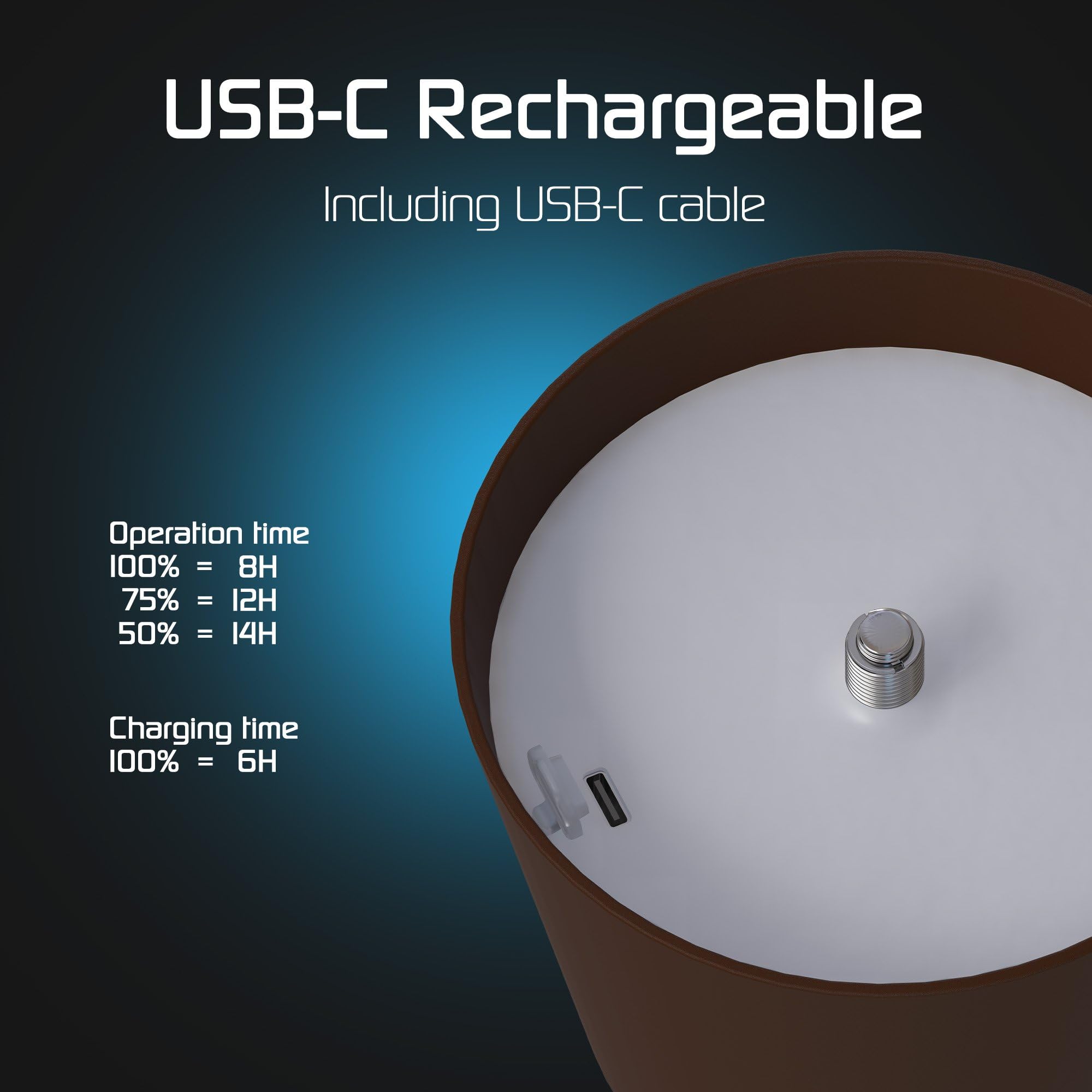Ledvion - Lampe de Table LED Rechargeable, Marron, Variable 2700K-5000K, 200 Lm, IP54 Résistante aux Éclaboussures, Batterie 4400mAh, Commande Tactile, Réglable, USB-C, Intérieure & Extérieure, Nyra