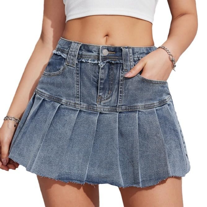Women's Y2K Low Waist Pleated Mini Denim Skirt Ruffles Raw Edges Button Up Loose Fit A-Line Skater Skirt Party Wear