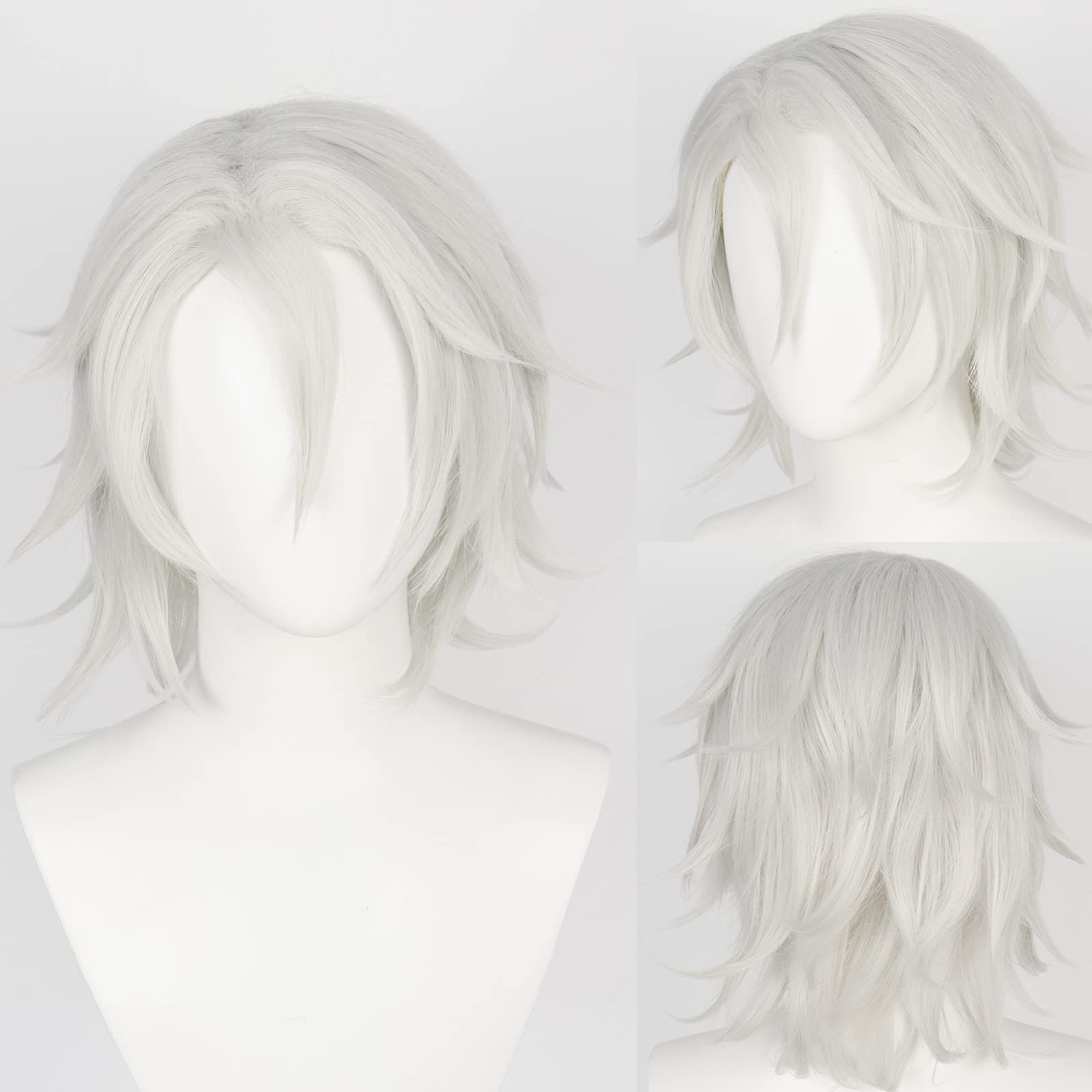 Anogol Hair Cap+ Silver White Wig Anime Cosplay Wigs Short Wavy Synthetic Hair Wig With Bangs Costume for Anime Game Party