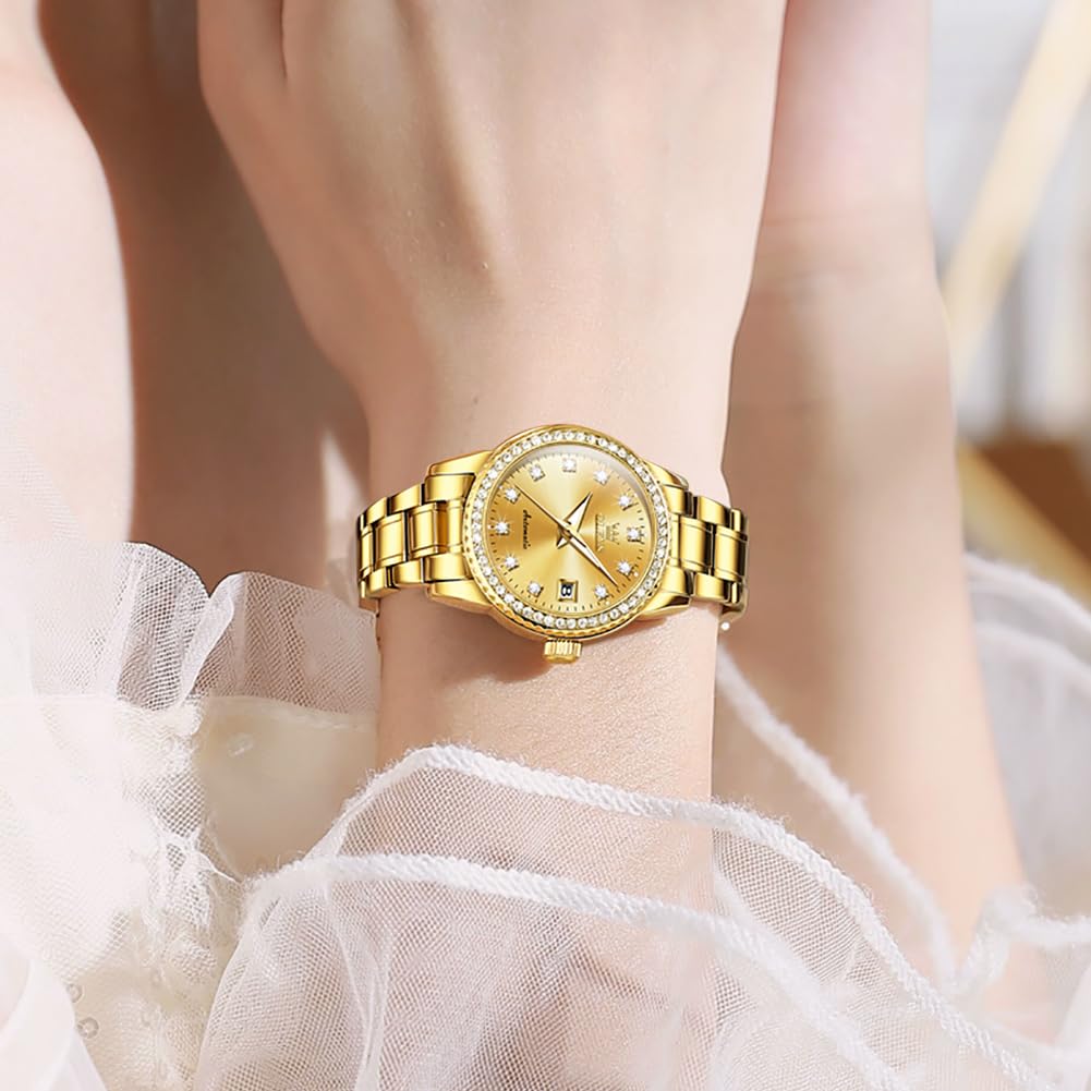OLEVS Gold-schwarz Diamant Frauen Uhr Automatische Mechanische Luxus Kleid Klassische Edelstahl Armband Damen Uhr