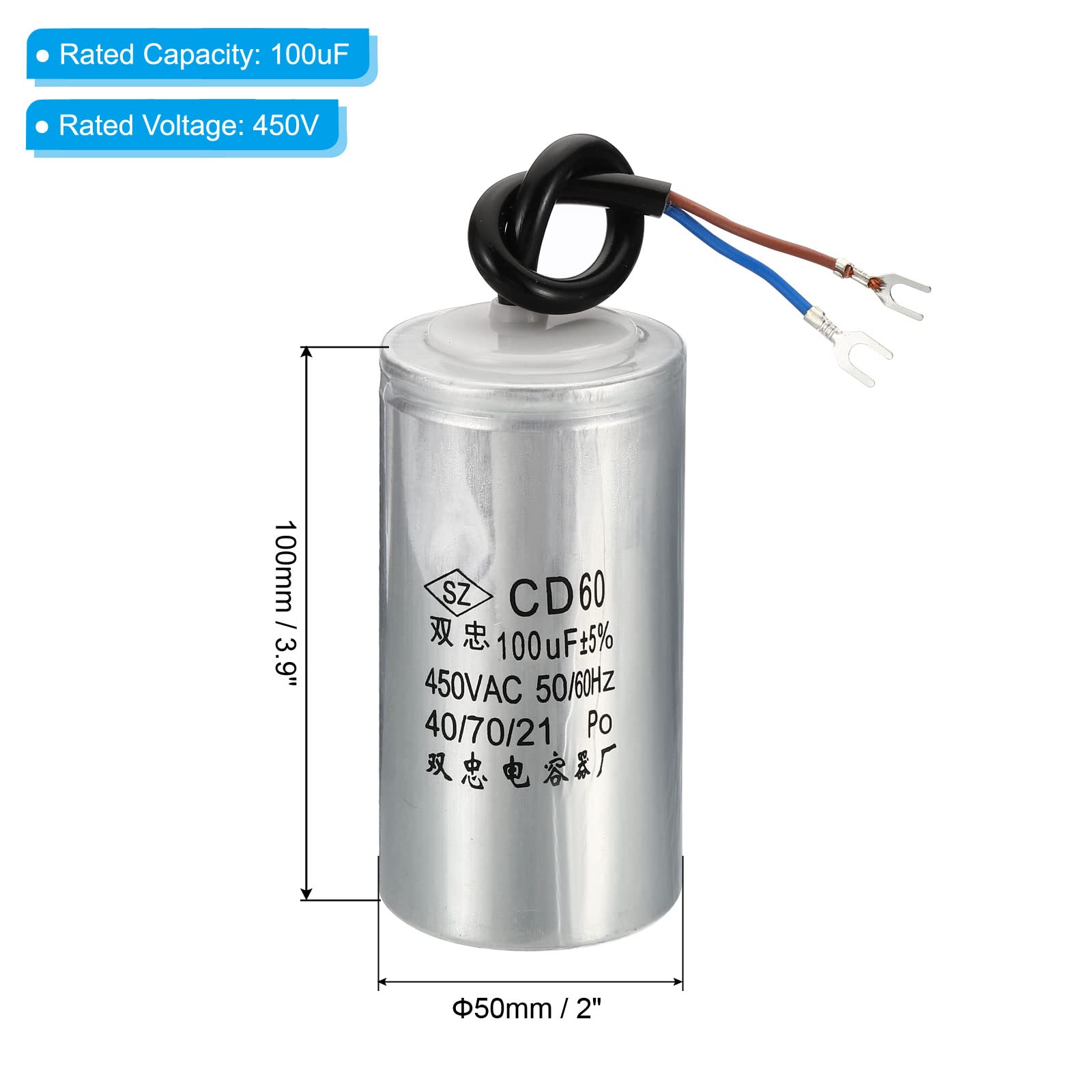 PATIKIL Cd60 Fonctionner Condensateur, 2 Paquet 100Uf 450VAC