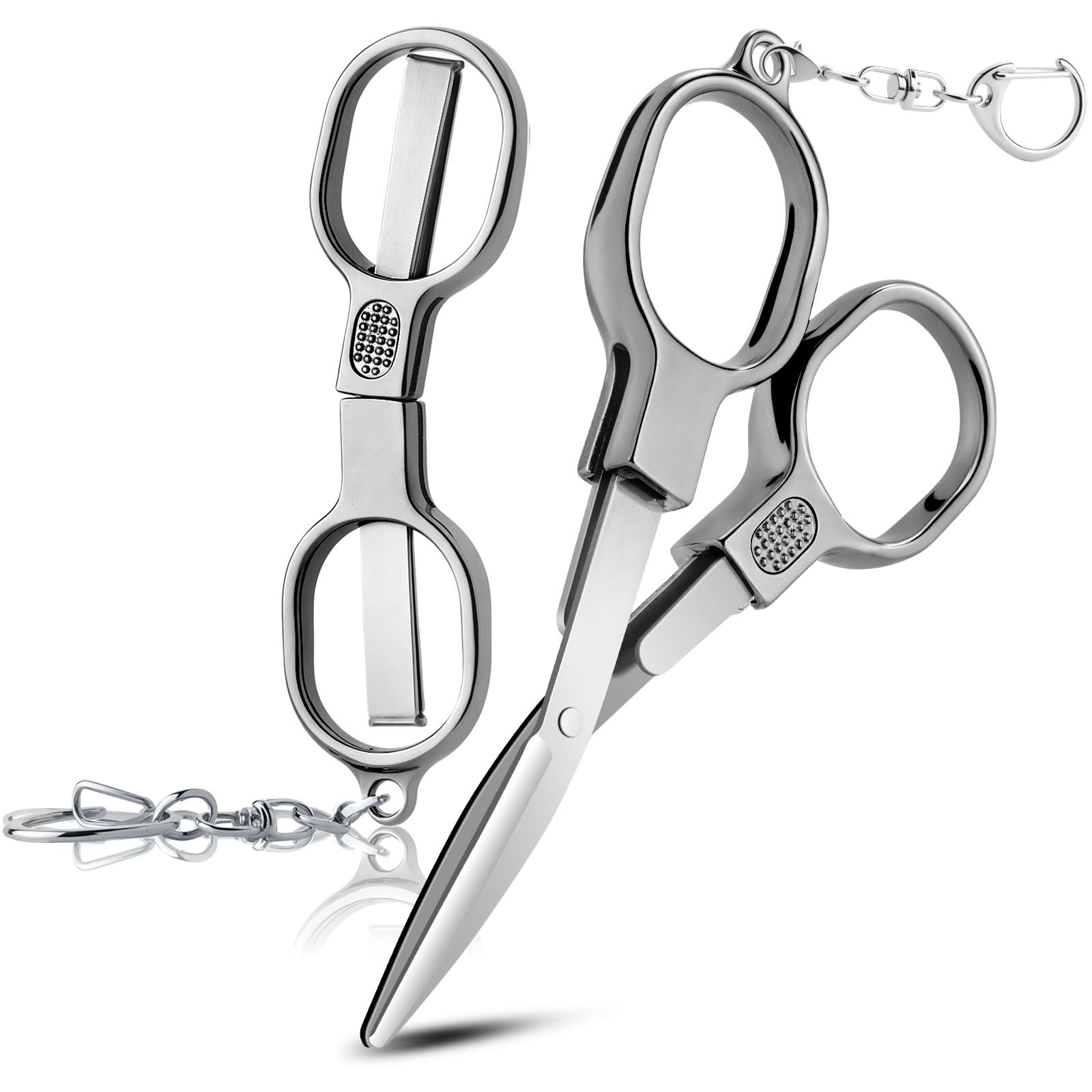 Photo 1 of 2 Pcs Folding Stainless Steel Portable Mini Small Travel Scissors, Safety Foldable Pocket Badge Nursing Scissors with 2 Keychain for Travel, Home, Office, Craft, Sewing (Silver)