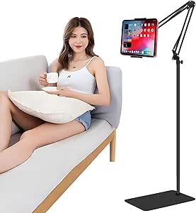 Tablet Floor Stand with Double Weight Base,Overhead Bed Phone Stand Height Adjustable/Arm Stretchable Tablet Holder, Compatible with 4.5''-13'' iPhone, iPad, Galaxy Tab, Kindle, or Other Phones