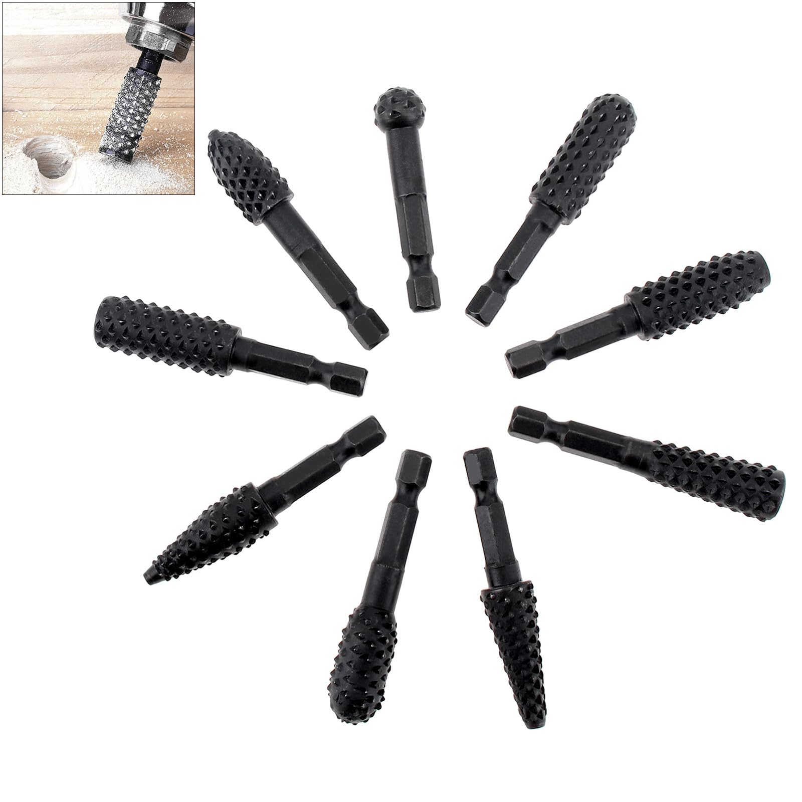 Lot de 10 râpes rotatives pour sculpture sur bois et ébavurage en caoutchouc, façonnage et rainurage, avec tige hexagonale de 6,35 mm