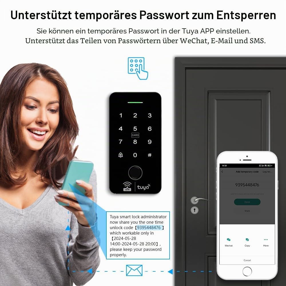 WiFi TUYA Fingerabdruck-Zugangskontroll-Controller für den Außenbereich, wasserdicht, RFID-Touch-Tastatur, Türschloss, kompatibel mit 125 kHz und 13,56 MHz, Dualband-Smart-App-Entsperrung