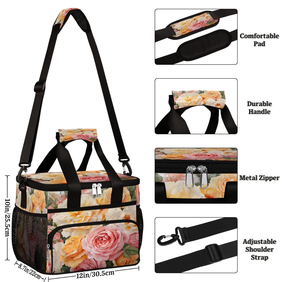 Roses Insulated Picnic Backpack Lunch Box for Women Men Picnic Basket Tote Lunch Bag Picnic Bag Portable Lunch Bags for Picnic, Beach, Work, Trip,Office, Camp Pinks Yellow Rose