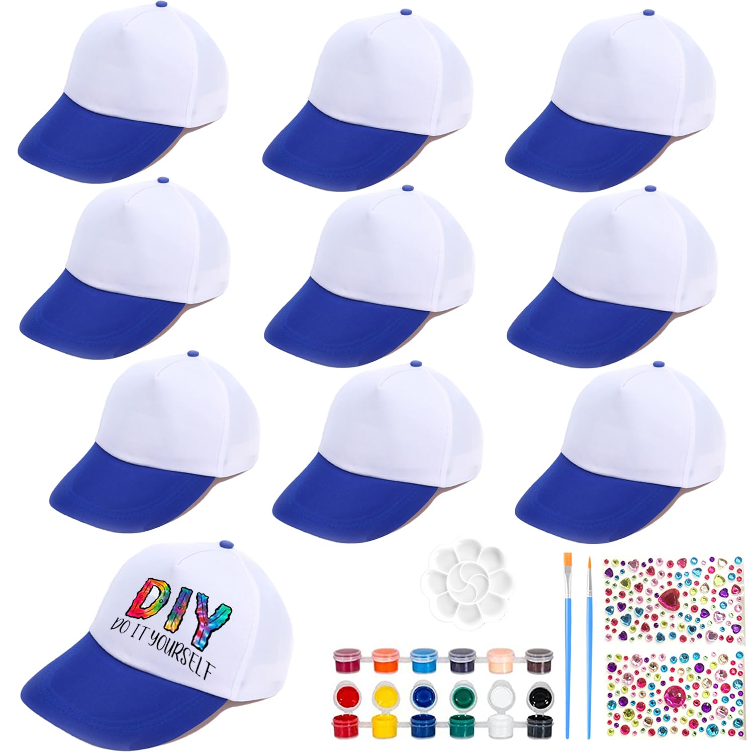Lot de 10 casquettes graffiti pour enfants à peindre, casquette de baseball DIY avec autocollants en pierre précieuse, casquette de baseball pour enfants, casquette blanche pour enfants,