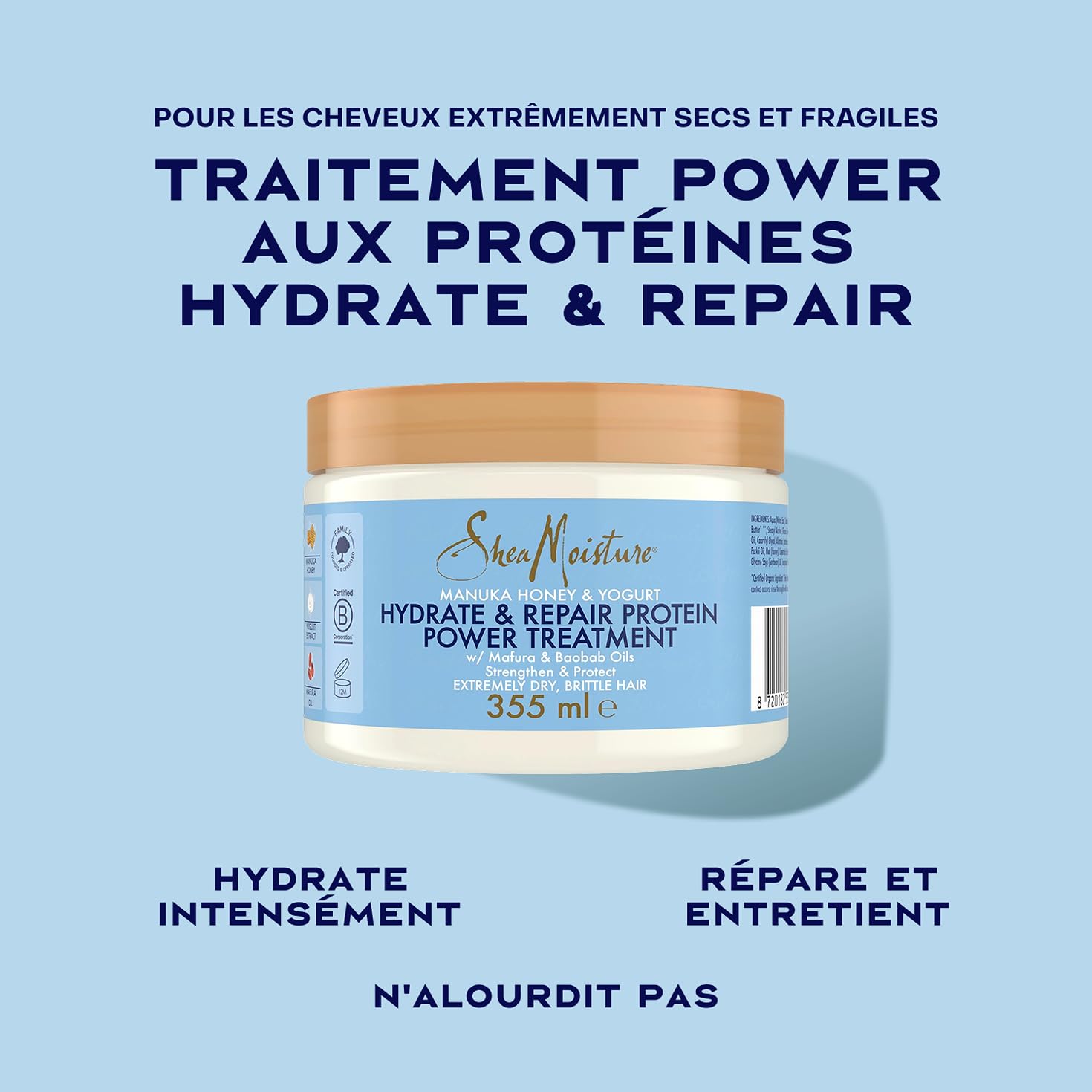 SheaMoisture Hydrate & Repair Protein Power Masque, Pour Cheveux Bouclés Secs et Abîmés, Cheveux plus Forts, Casse Réduite, Avec Miel de Manuka, Yaourt, Protéines et Beurre de Karité, 355ml
