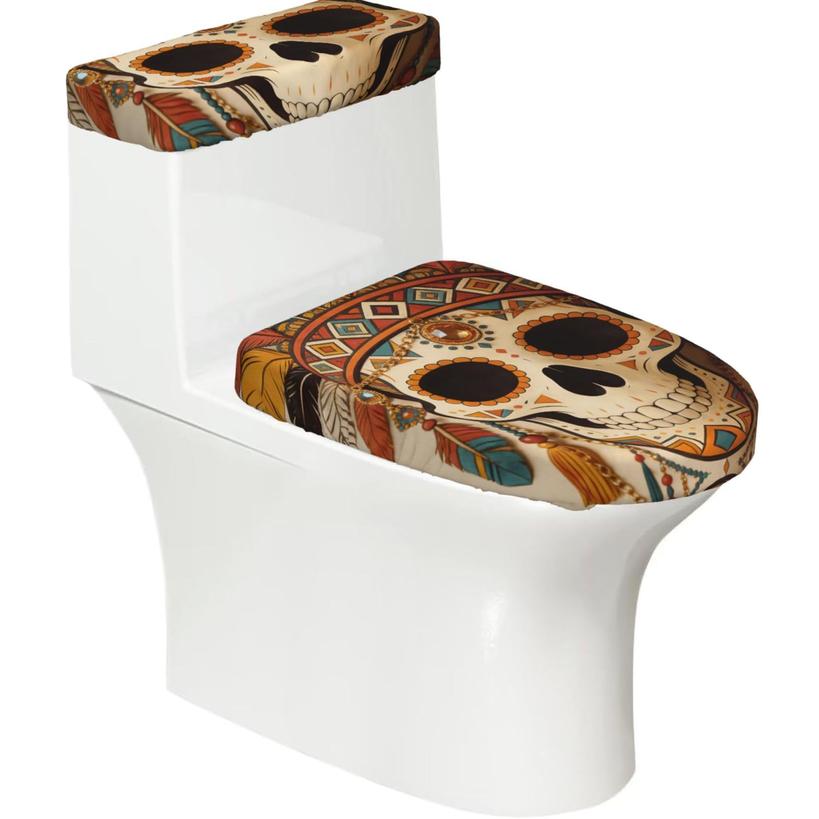 Duykimqw Black Ornate Sugar Skull Print Bathroom Toilet Lid Cover, Water Tank Covers