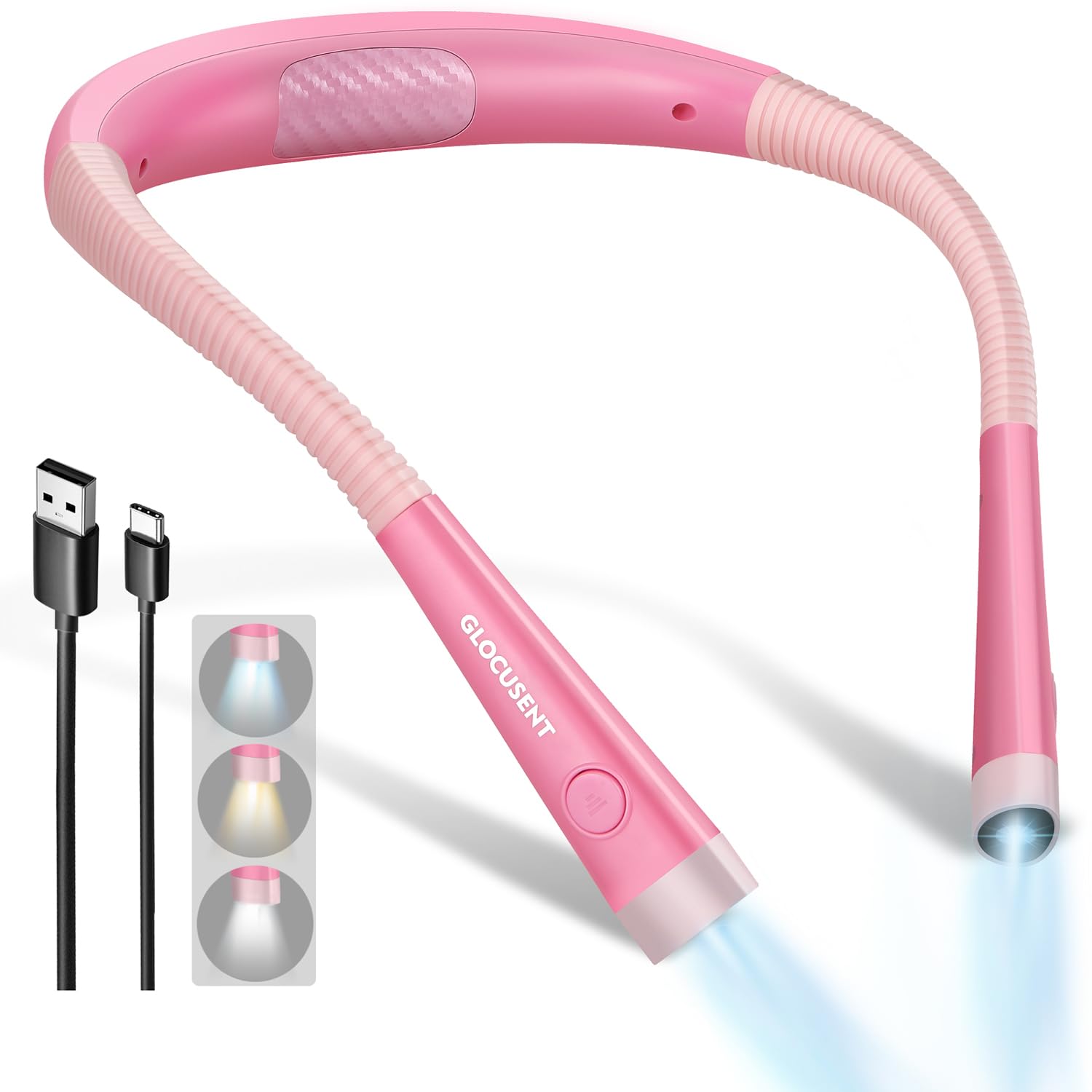 Glocusent Lampada da Lettura, LED luce del libro, Ricaricabile, 3 Colori, 6 Livelli di luminosità, Bracci pieghevoli, mani libere, Perfetta per E-Reader, Studio,Letto,Viaggi,Lavoro a Maglia