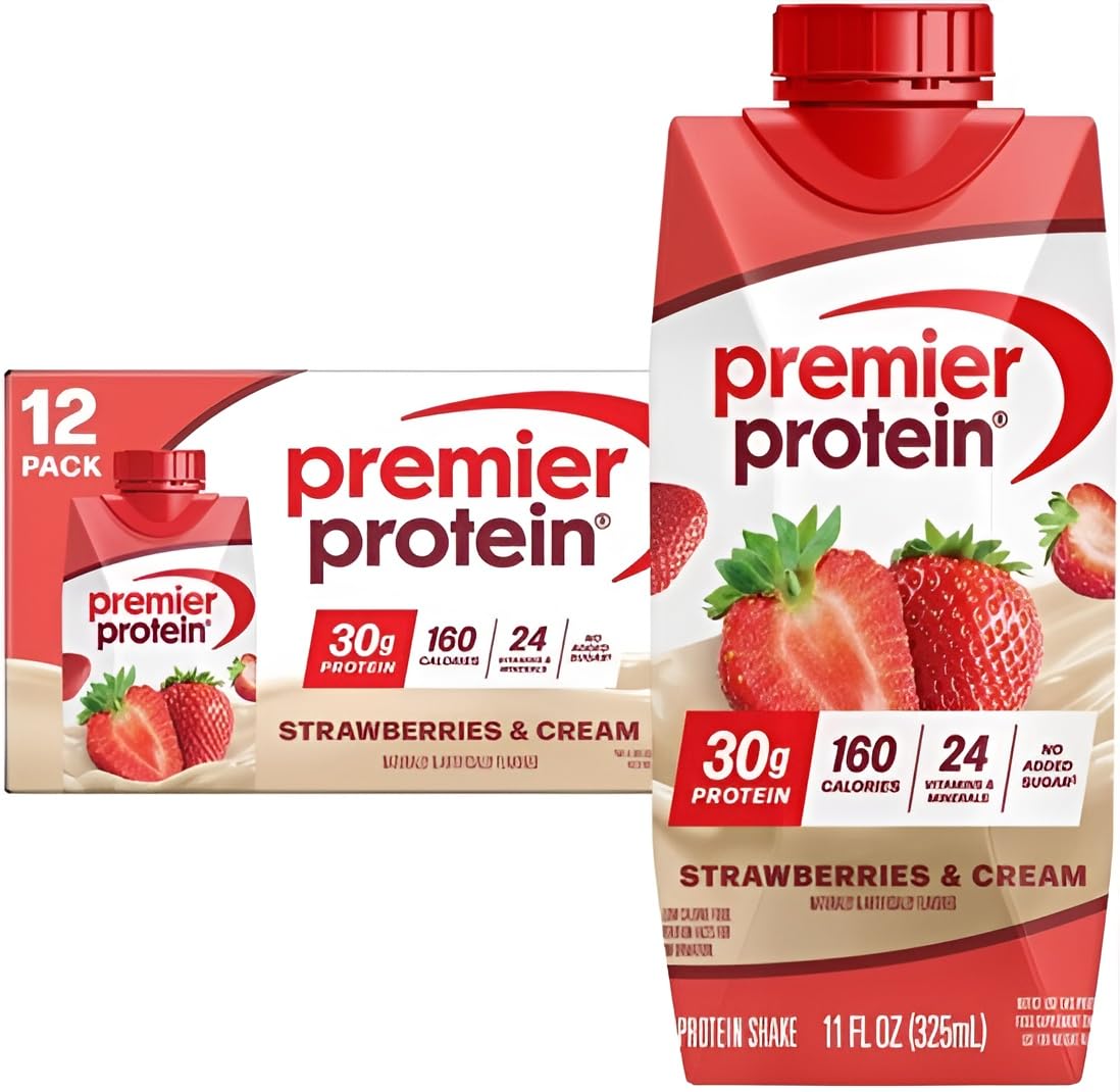 Premier Protein Shake, Strawberries & Cream, 30g Protein, No Added Sugar, 24 Vitamins & Minerals to Support Immune Health, 11 fl oz, 12 Pack (Packaging May Vary)
