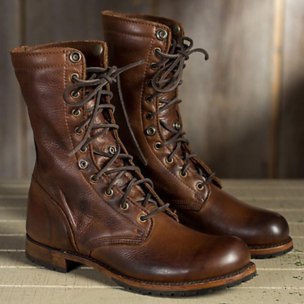Hombres Botas De Montar Steampunk Retro PU Cuero Caballero Botas Cortas De Encaje De Moda hasta Locomotora Tobillo Boot Zapatos para El Uso Diario (Brown,43)