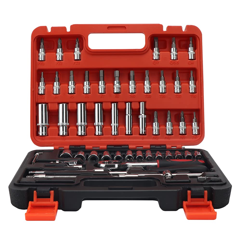 53 Pcs 1/4" Socket Wrench Set Metric Tools Kit with Wrench Handle, Extension Bar, Sockets,Bits, Quick Release Reversible Ratchet, For Machine,Car, Motorcycle Repair
