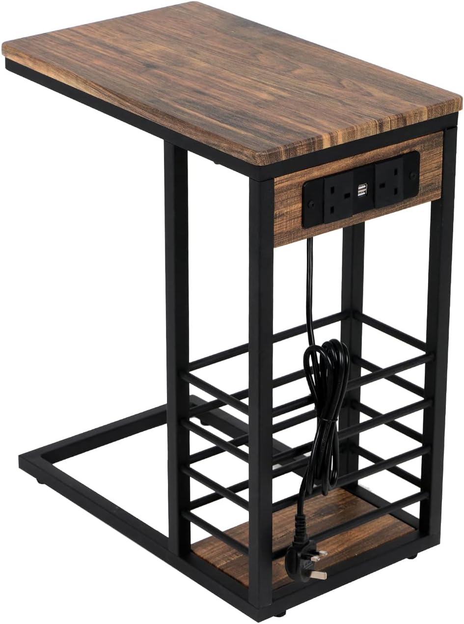 Joolihome Side Table with Charging Station, Bedside Table End Table with USB Ports&Outlets, Storage,Wooden Coffee Laptop Lamp Table for Living Room, Bedroom, Balcony, Home (Brown)