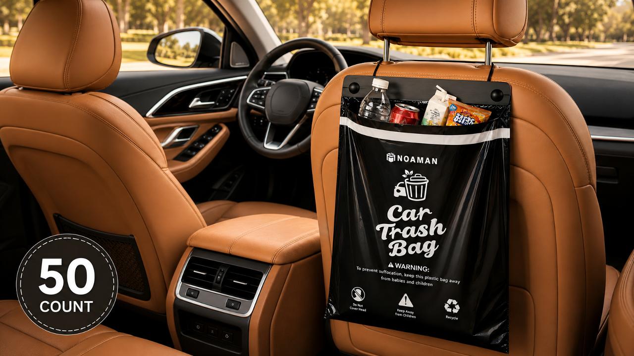 Image of Noaman 2Pack 50PCS Car Trash Bags, 2.5 Gal Leakproof & Smell Proof. Heavy-Duty Garbage Bags for car, SUV, Truck, RV. Stick-on or Headrest Mount. Alternative to Car Trash Can. Black