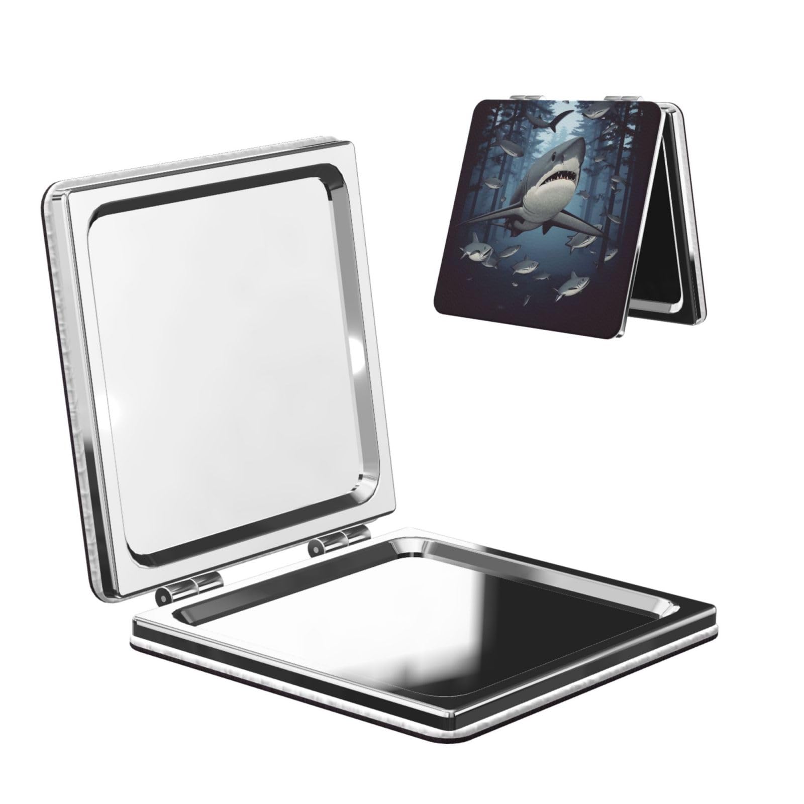 DWVTSLH Funny Sharks Design Compact Mirror for Purse, Double-Sided 2X/1X Magnifying Mirror for Women Men, Travel Makeup Mirror for Handbag, Handheld Vanity Mirror for Gift