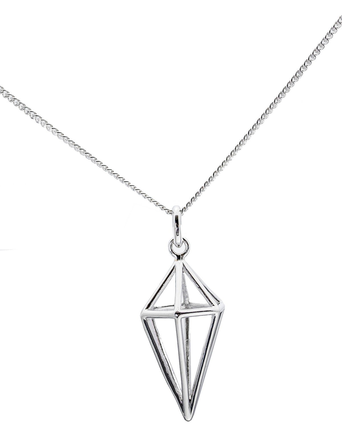 collier 45cm - pendule diamant - chaine et pendentif pyramide en argent massif 925 avec boite - idée cadeau femme