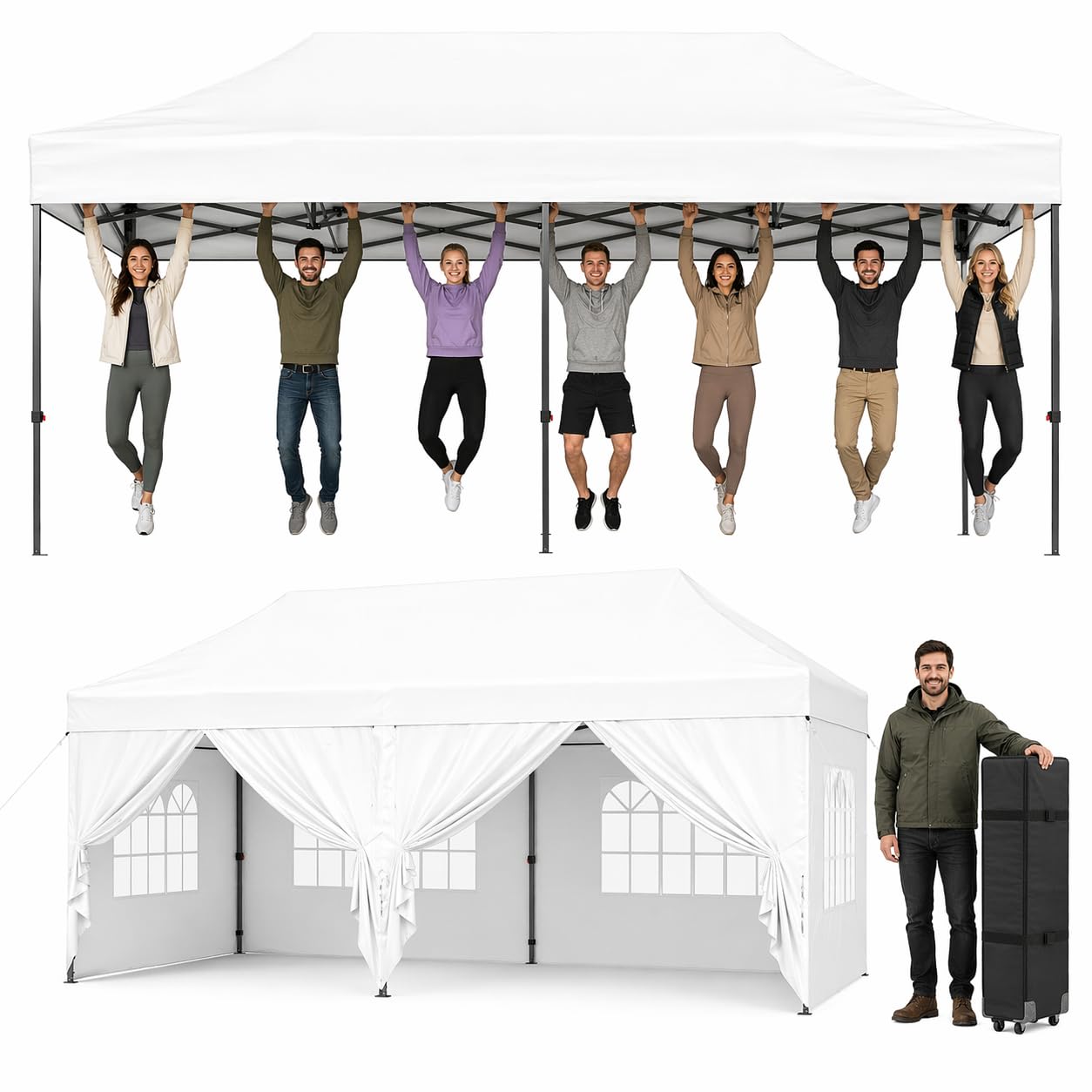 Aoxun Pop Up Gazebo 3m x 6m with Sides, Waterproof Outdoor Canopy with Wheeled Carrybag,6 Weight Bags, 8 Stakes and 4 Ropes, Heavy Duty Instant Shelter for Garden Party BBQ, White