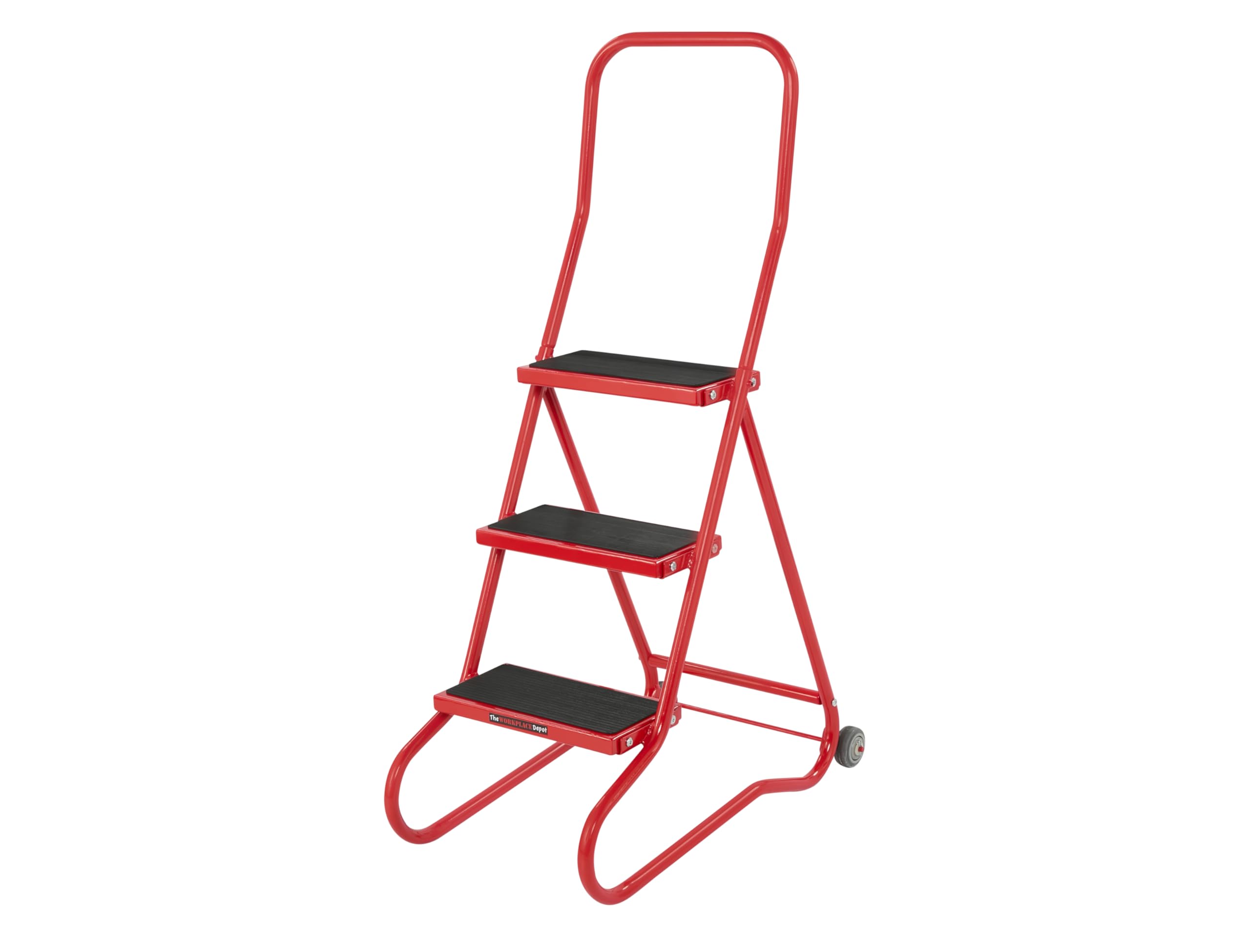 The Workplace Depot Wheelalong Safety Steps, Heavy Duty Red Powder Coated Steel Mobile Steps with Wheels & Ribbed Non-Slip Rubber Treads for Workplace, Office, Warehouse (3 Tread)