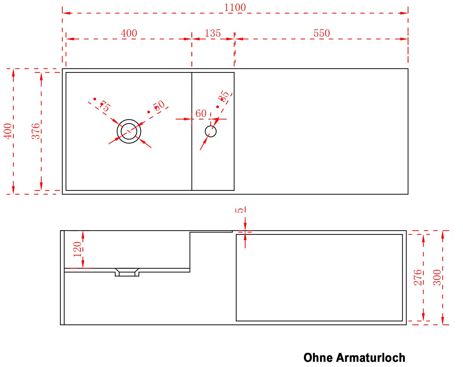 Standwaschschüssel TWG36 aus massivem Stein (Solid Stone) mit Stauraum - 110x40x30 cm