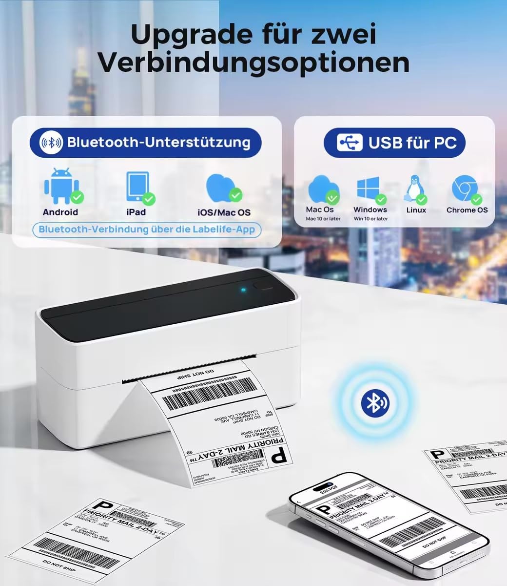 Phomemo Bluetooth DHL Etikettendrucker, Label Printer 4x6 Versandetiketten Drucker, Labeldrucker Thermodrucker für Barcode, Amazon, Etsy, Shopify, DHL, DPD, GLS, FedEx, Ohne Tinte, 241BT Schwarz-weiß