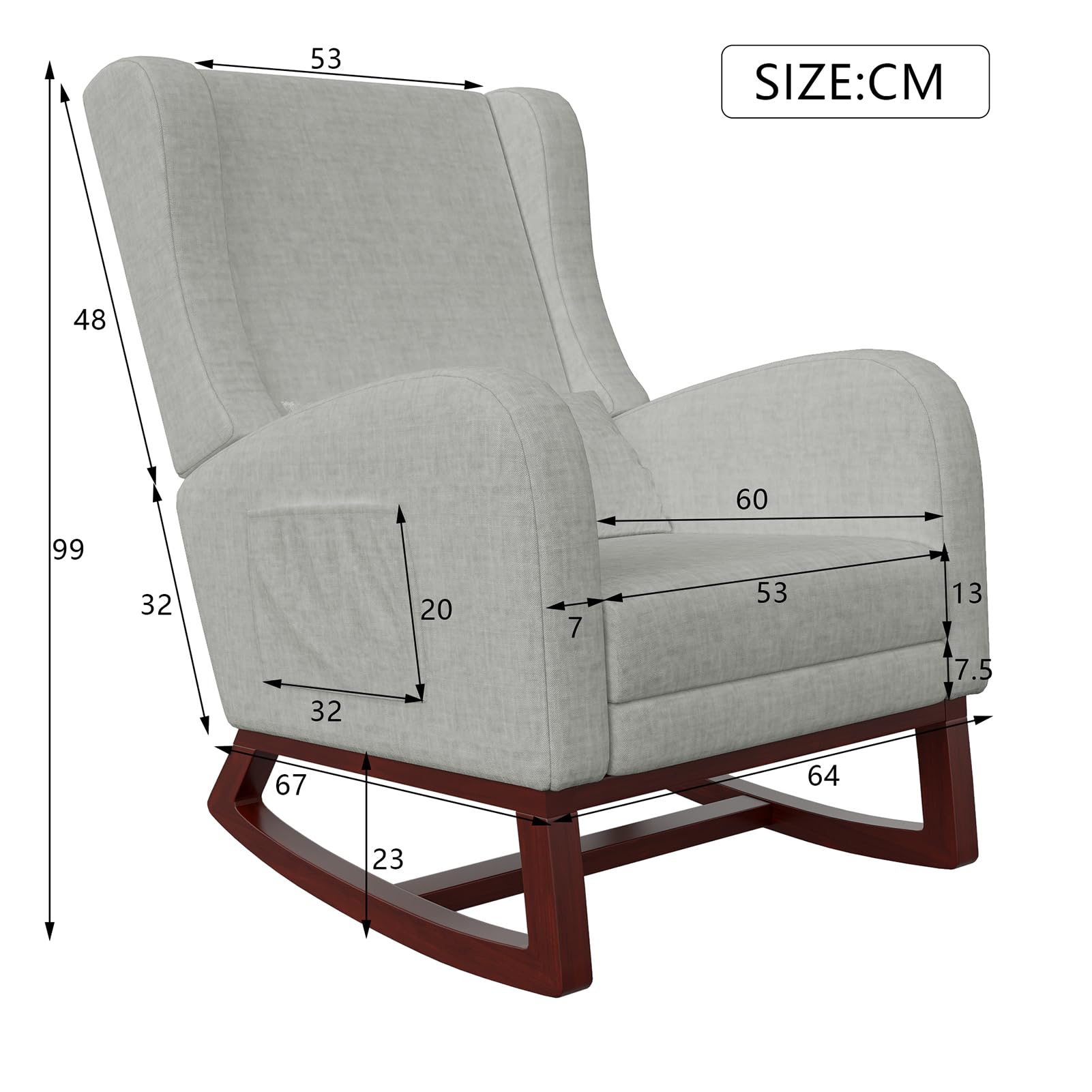 jeerbly mecedora con reposapiés, escandinavo sillón de relajación, silla para lactancia, sillón de salón dormitorio, hasta 110 kg, 67 x 64 x 99 cm, gris