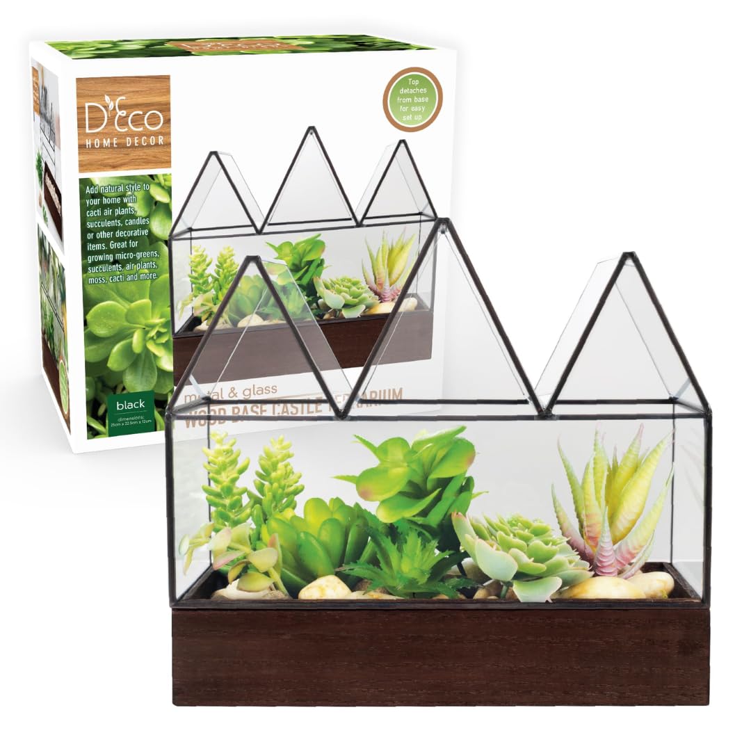 D'Eco Glass Castle Plant Terrarium (10x9x5) - Black Geometric Metal Planter w Wood Base - Grow Your Own Succulents, Plants, Moss, Ferns in an Indoor Home Garden- Great Plant Office Decor Gift