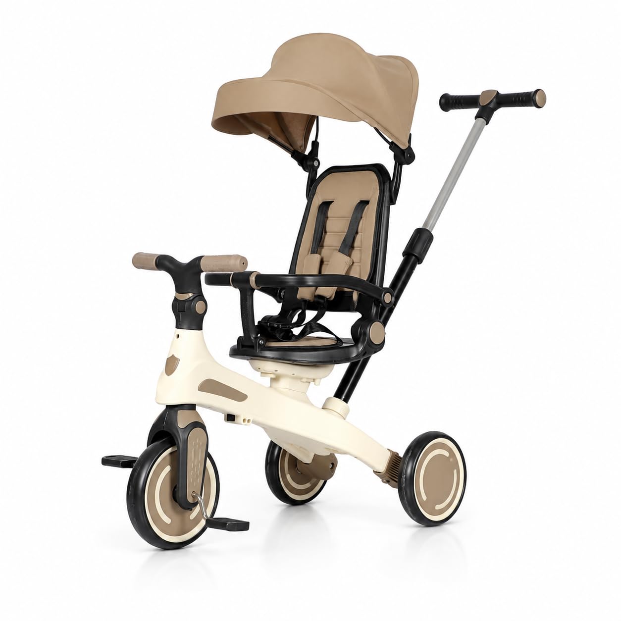 Triciclo Pieghevole per Bambini 1-4 Anni con Manubrio per Genitori - Bicicletta Evolutiva fino a 20kg - Monopattino Bambino Regolabile con Struttura Ergonomica, Beige (Premium)
