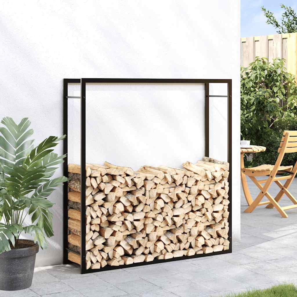 Brennholzregal Stahl Schwarz 110x28x116 cm | Pulverbeschichtet, Witterungsbestandig, Mit Wandhalterung, Trockenes Brennholz