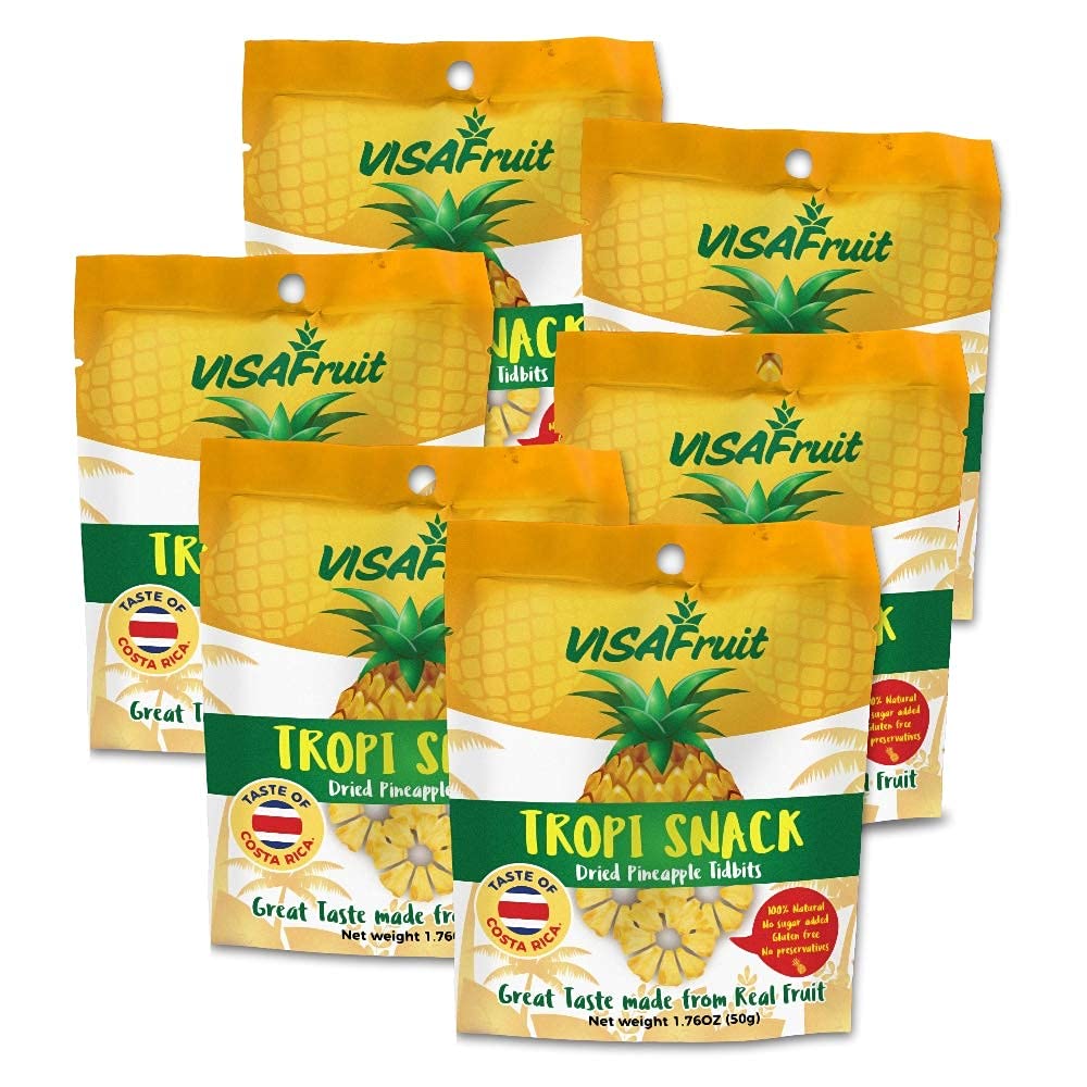 TropiSnack Simply Natural Dried Pineapple Tidbits No Sugar Added Gluten Free Fat free Vegan Kosher 6 pack 1.76 oz each