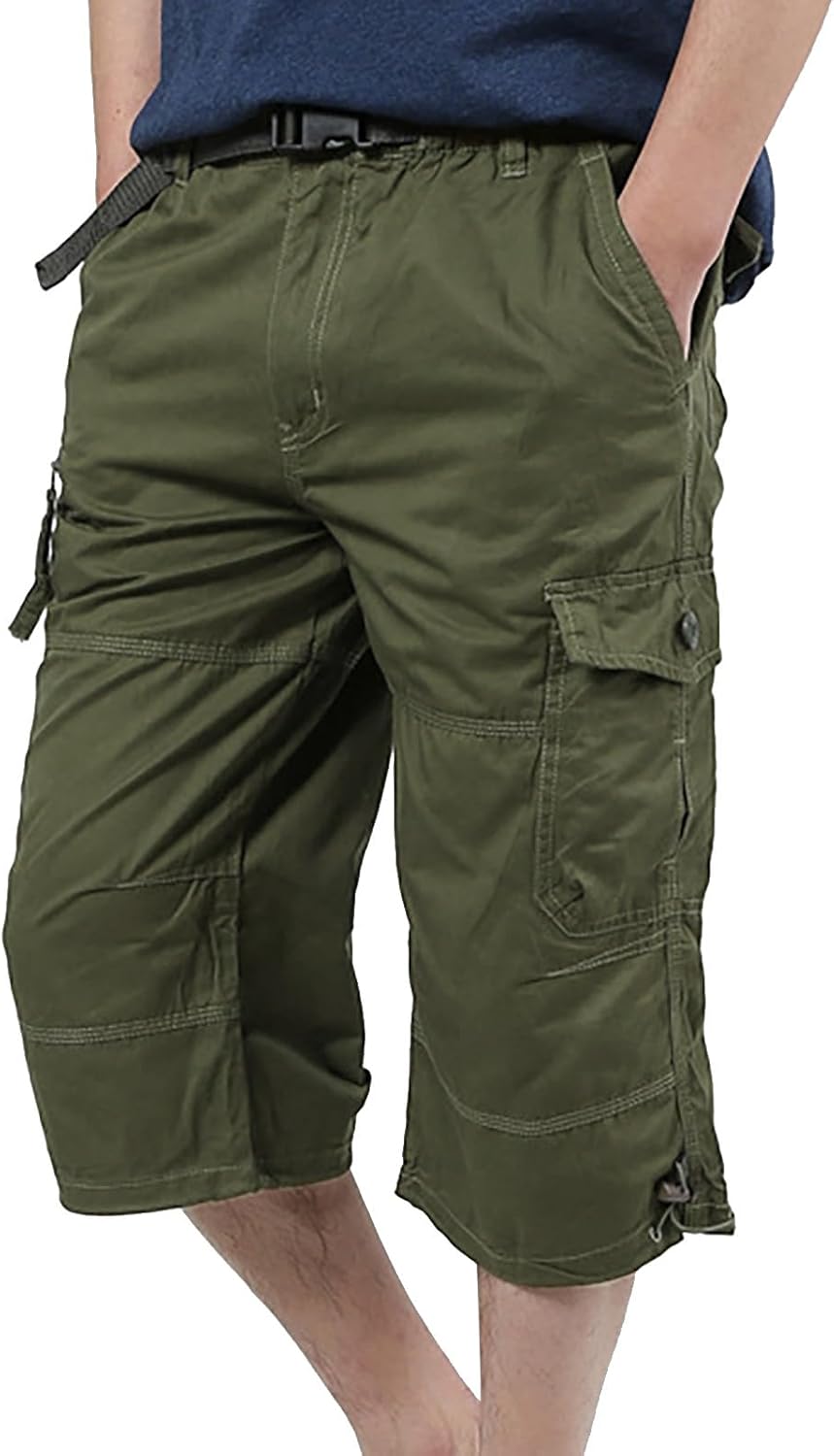Men's Capri Cargo Shorts 3/4 Length Cropped Trousers Multi-Pocket Lightweight Tactical Hiking Work Utility Shorts