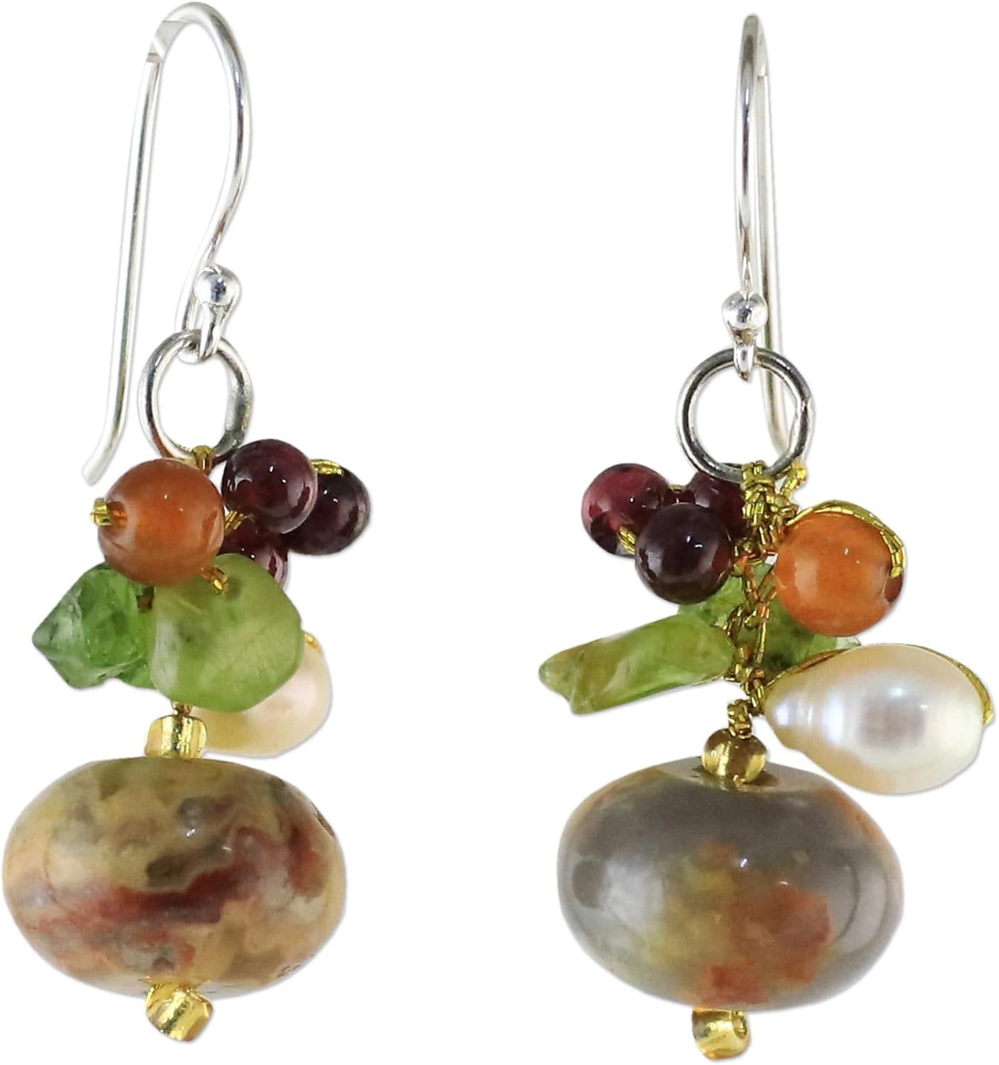 NOVICA Artisan Handmade Jasper Cultured Pearl Dangle Earrings Thai Sterling Silver Peridot Freshwater White Green Bar Cluster Thailand Birthstone [1.4 in L x 0.6 in W] ' Exotic Cluster'
