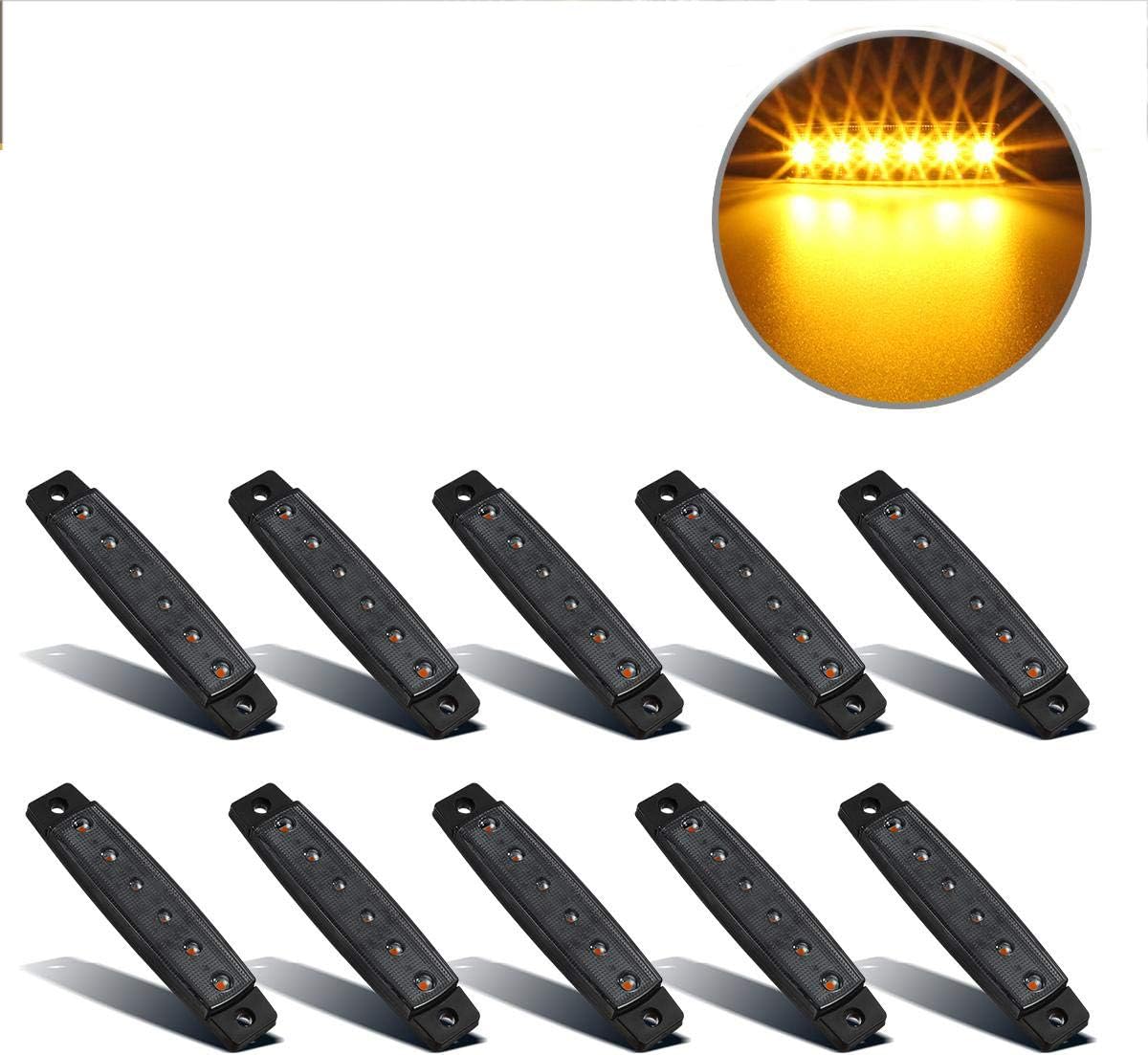 10Pcs 3.8" Thin Amber Led Side Marker Indicator Lights 6 LED Smoke Lens Waterproof 12V Trailer Lorry Van Led Marker Lights for Trucks Sealed, Boat Marine Led Utility Strip Lights