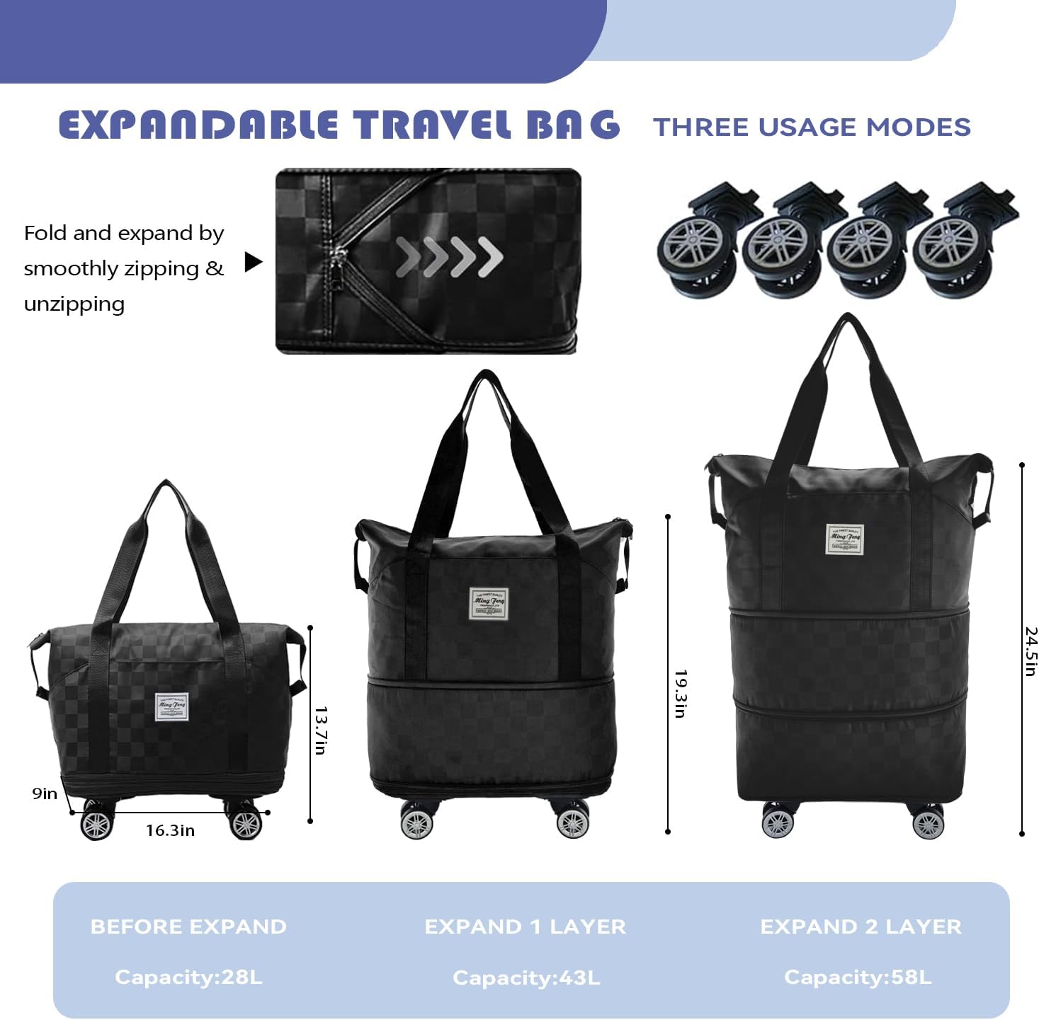 Rolling Duffle Bag with Wheels, 28-58L Expandable Foldable Travel Bag, Lightweight Carry-On Bag for Gym, Camping, Weekend Trips, Business Travel, Weekend Bag for Women & Men(Black) - Image 3