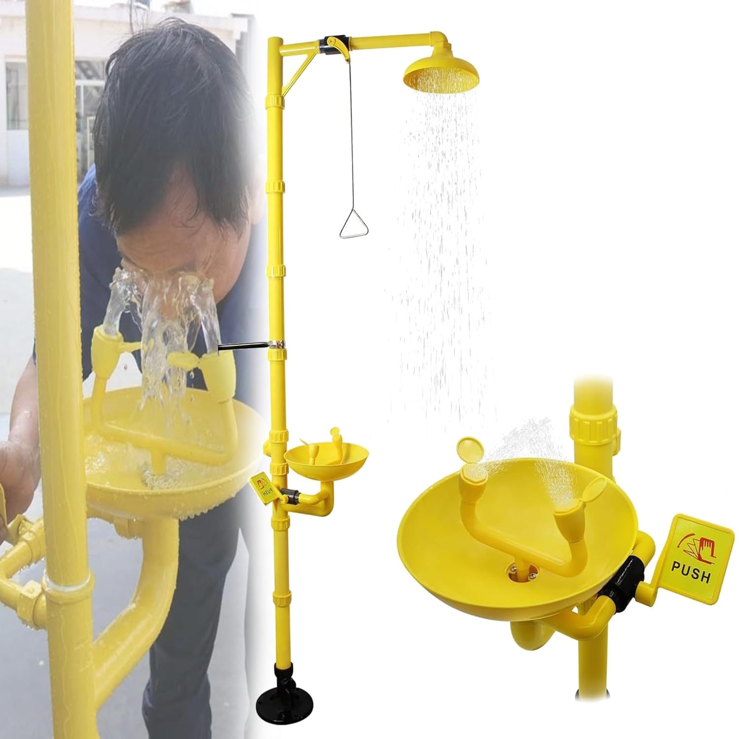 HTDRE Dual Spray Emergency Eyewash Station, Triangle Pull Rod & Push Plate Eyewasher for Factory, Lab, Machinery Building Safety