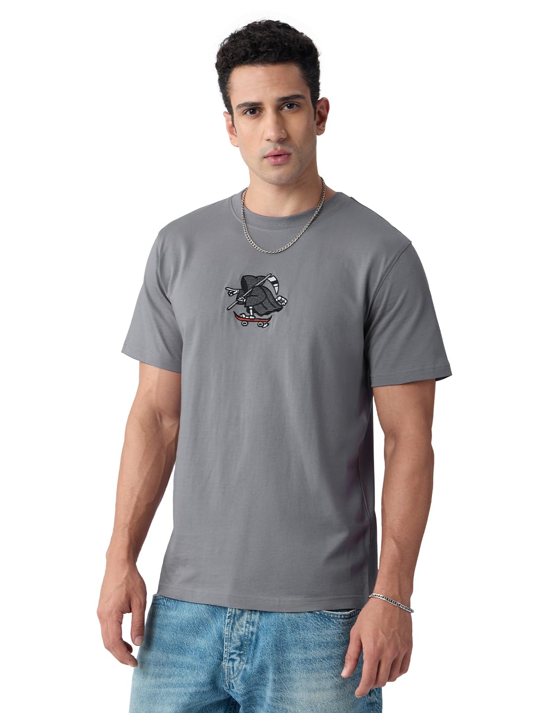 the souled store Relaxed T-Shirt: See You in Hell Men and Boys Short Sleeves Round Neck Grey Graphic Embroidered Cotton T-Shirts-picture-10