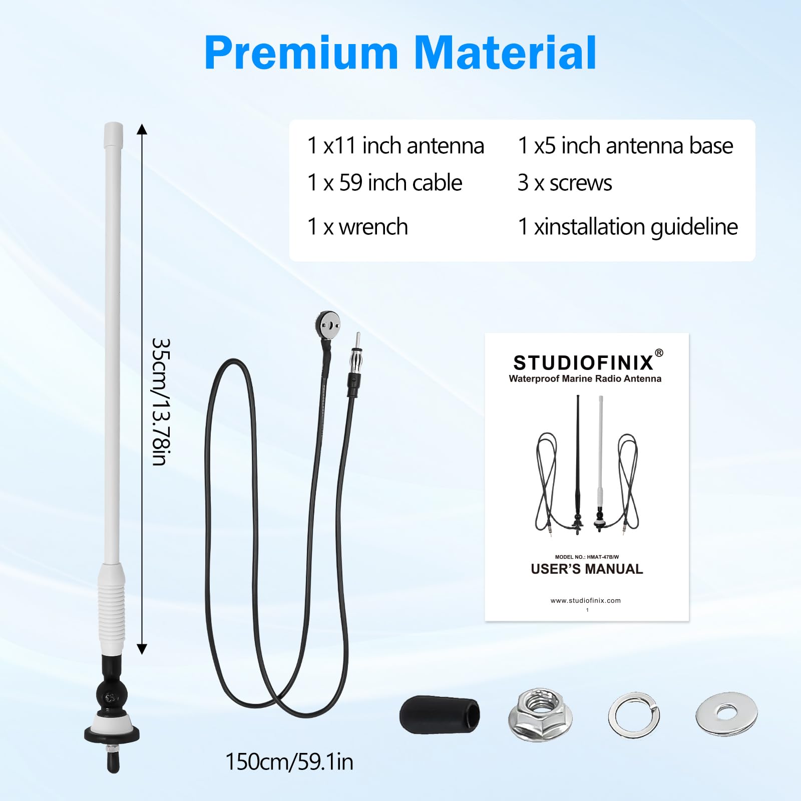 STUDIOFINIX Antena de radio marítima impermeable Dipolo flexible mástil FM AM para barco