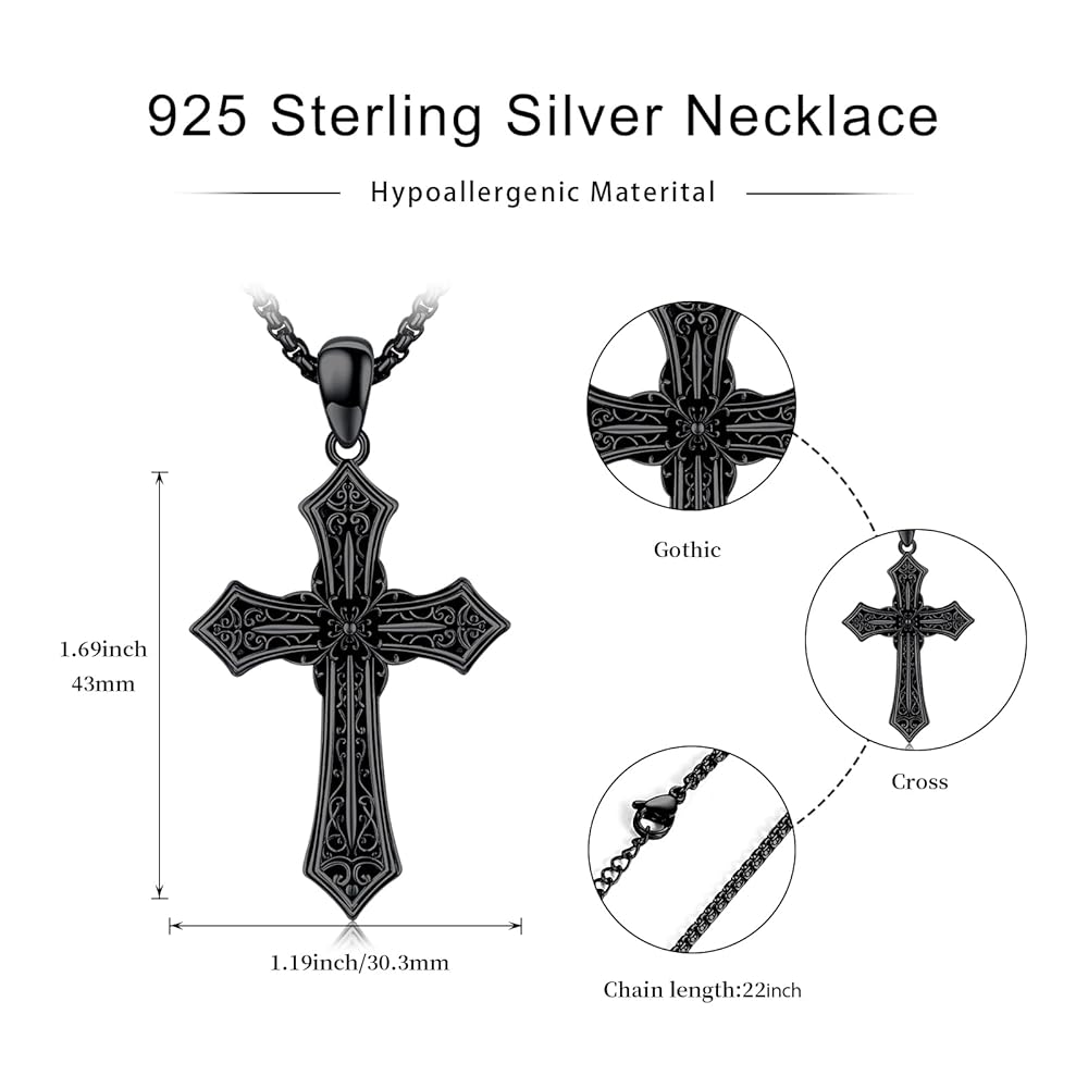 Suiknsn Black Cross Necklace for Men Women 925 Sterling