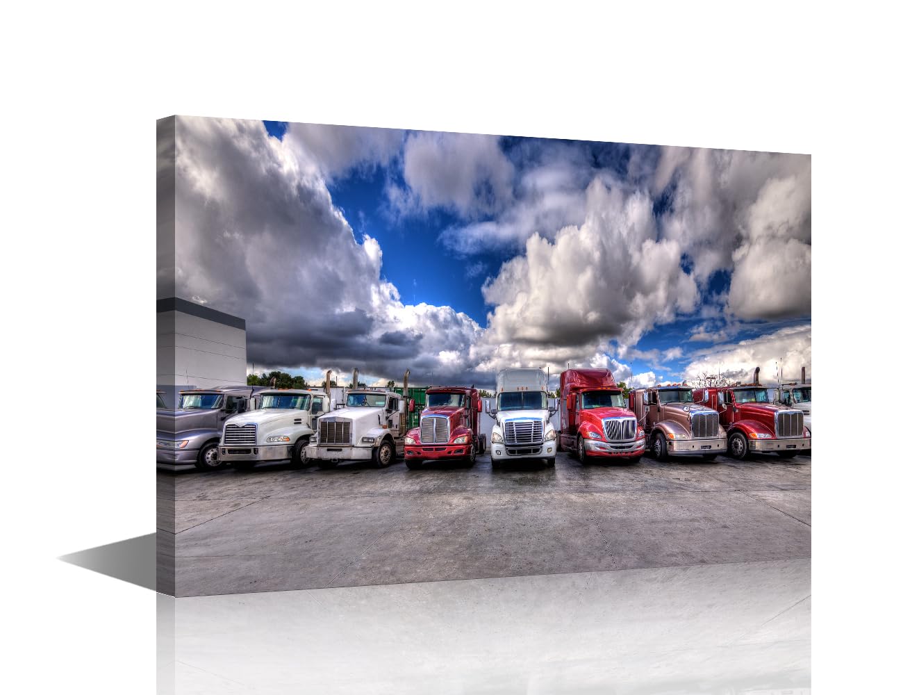 1 Panel Large Wall Art, HDR Image of Semi Trucks Lined up on a Parking Lot Pictures Print on Canvas for Home Wall Decorations, Stretched and Framed Ready to Hang, 36"Wx24"H