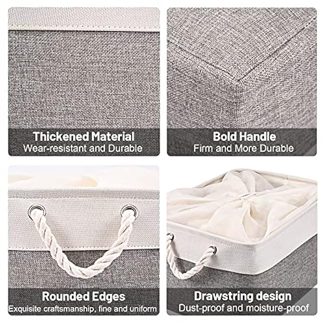 HOdo Home 15.8¡Á11.8¡Á9.5 In/3PCS Storage Bins, Fabric Bin with Drawstring Closure and 2 Bold Handles, Collapsible Large Canvas Baskets for Organizing Shelf Nursery Home Closet (White and Grey)