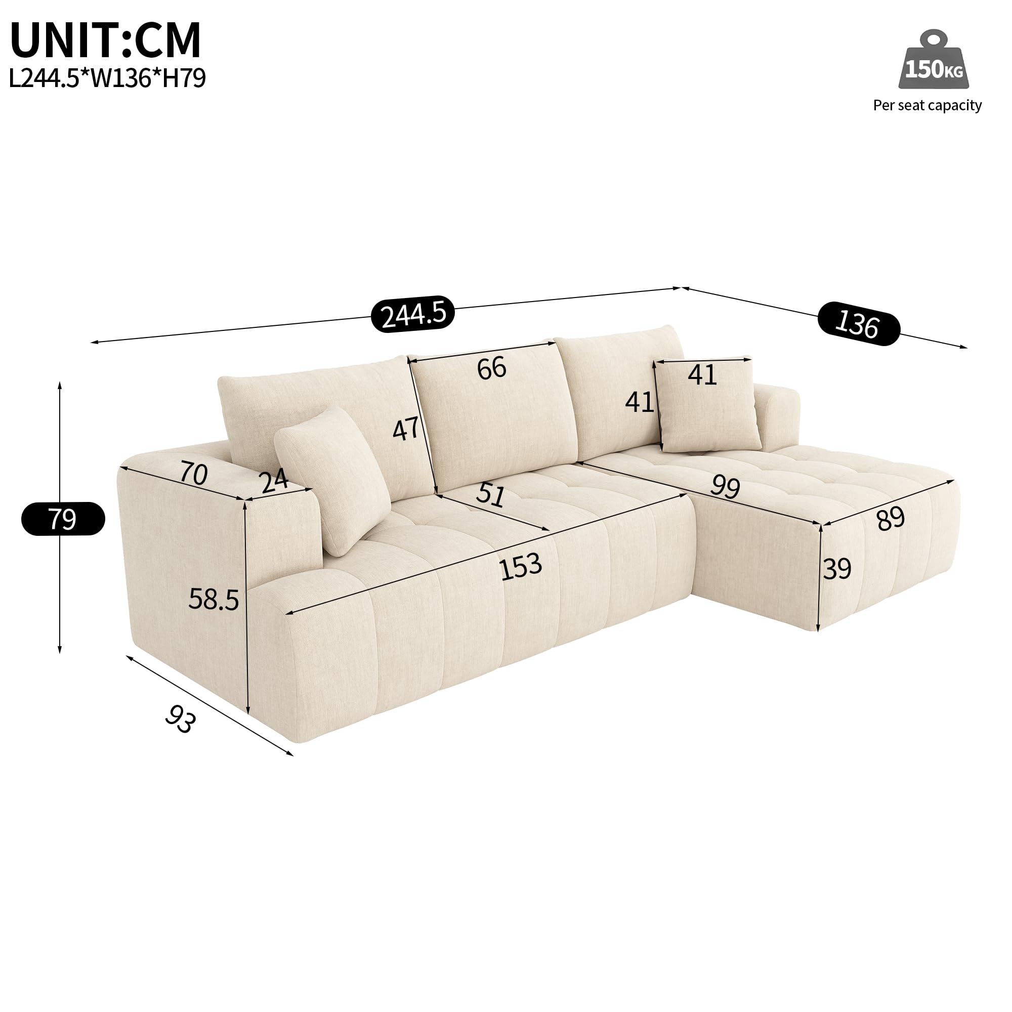 Sapgaks Canapé d'angle Convertible,canapé Convertible 3 Places,canapé 3 Places,modulaire en Forme de L sans Cadre,canapé Nuage Chenille, Librement combinable,Aucun Assemblage requis (Beige-G)