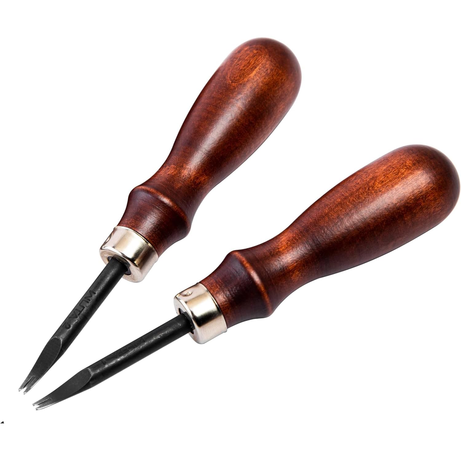 WUTA Leather Edge Beveler, 2 Pcs Wood-Handle Leather Skiving Tool, High Carbon Steel Edge Beveling Craft(0.8+1.0mm）