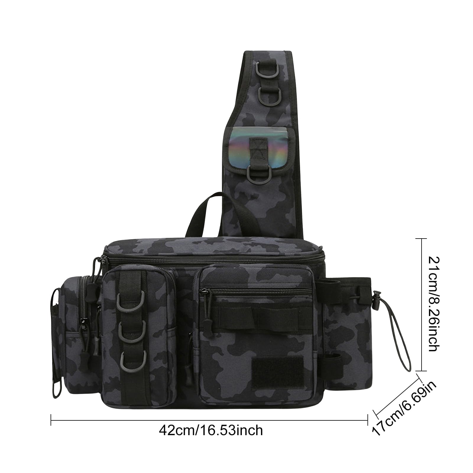 Zimoer Borsa Tracolla da Pesca, Borsa per Attrezzatura da Pesca con Porta Canna, Zaino Impermeabile per Escursionismo, Caccia, Campeggio, Attività all'aperto (Nero Mimetico)